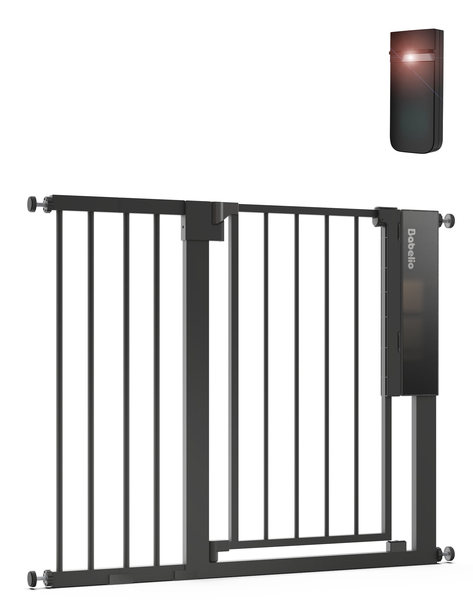 Babelio baby safety gate with auto-close feature, sleek black design for nursery or hallway use