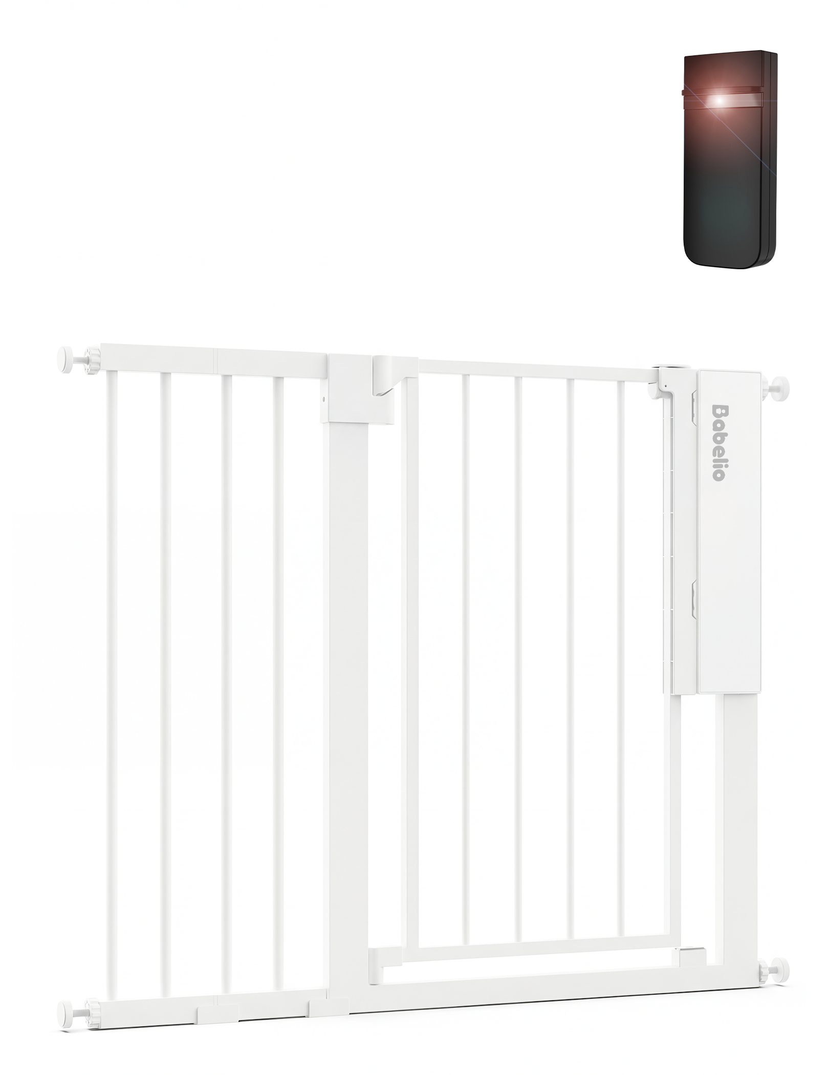 Babelio baby safety gate with auto-close feature, white metal design for nursery or hallway use