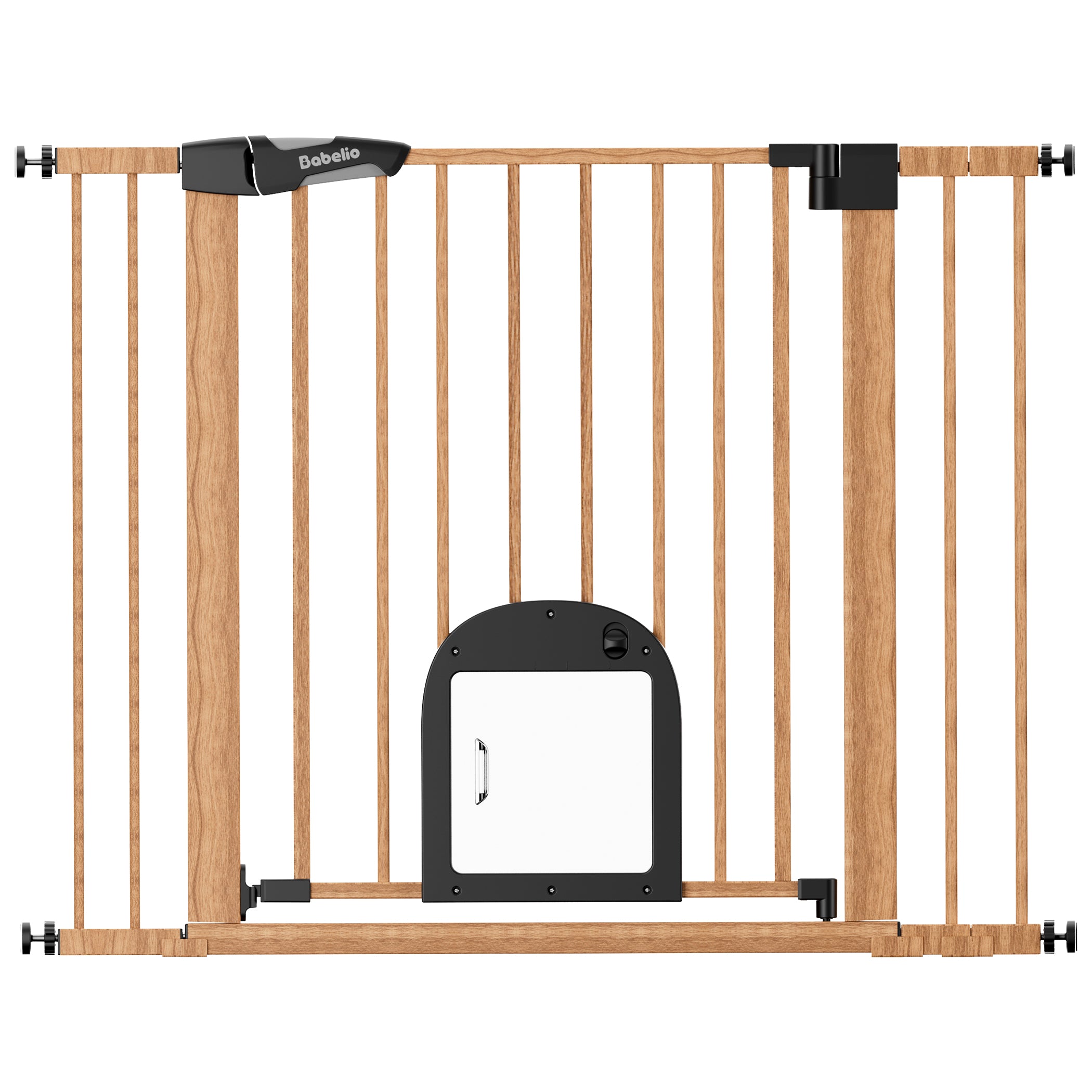 Babelio baby safety gate with wood finish and pet door, ideal for nurseries and homes