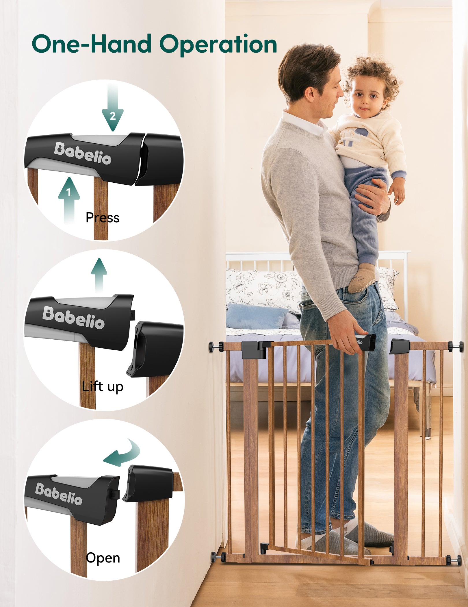 Babelio baby gate with one-hand operation instructions and a man holding a child. #Color_Wood Pattern
