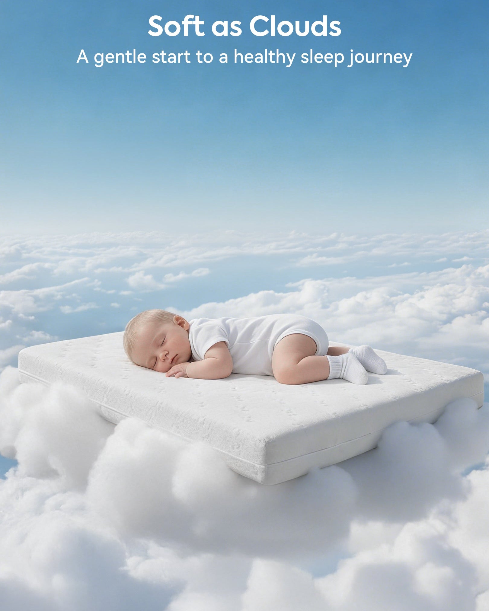 Babelio crib mattress with baby sleeping peacefully on clouds, soft and safe for nursery use