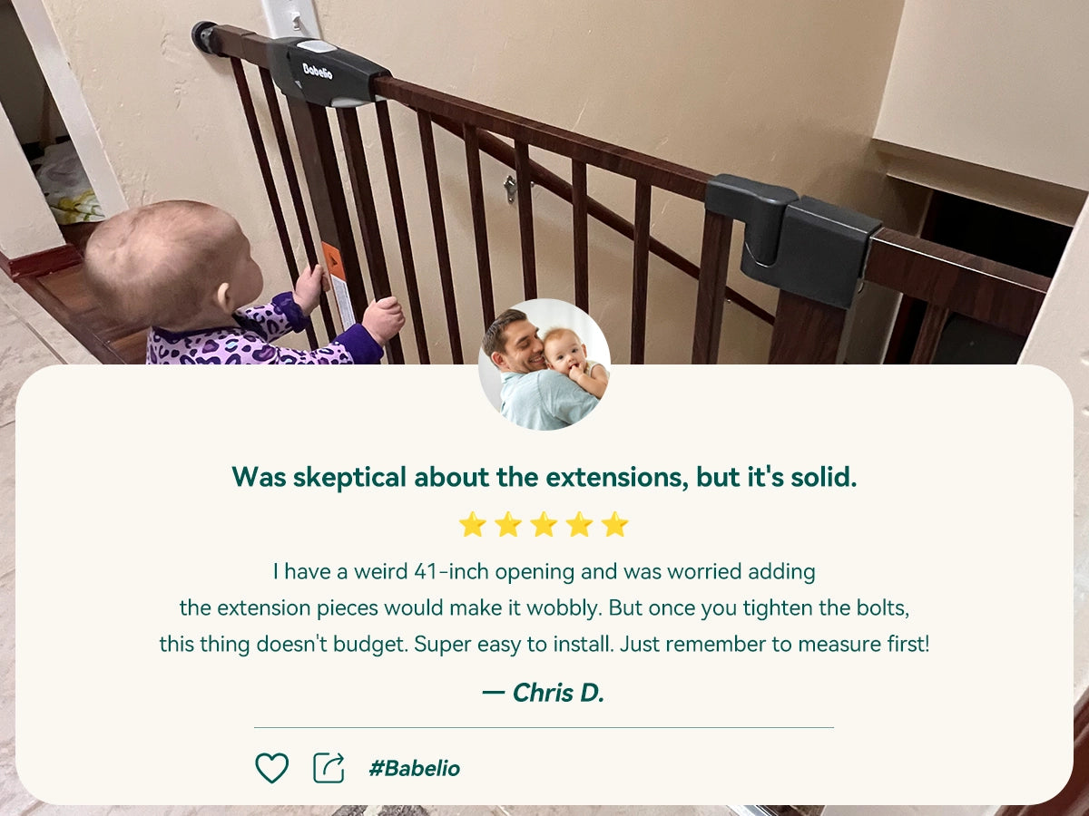 baby interacting with a baby gate extension, with a five-star rating comment overlay.