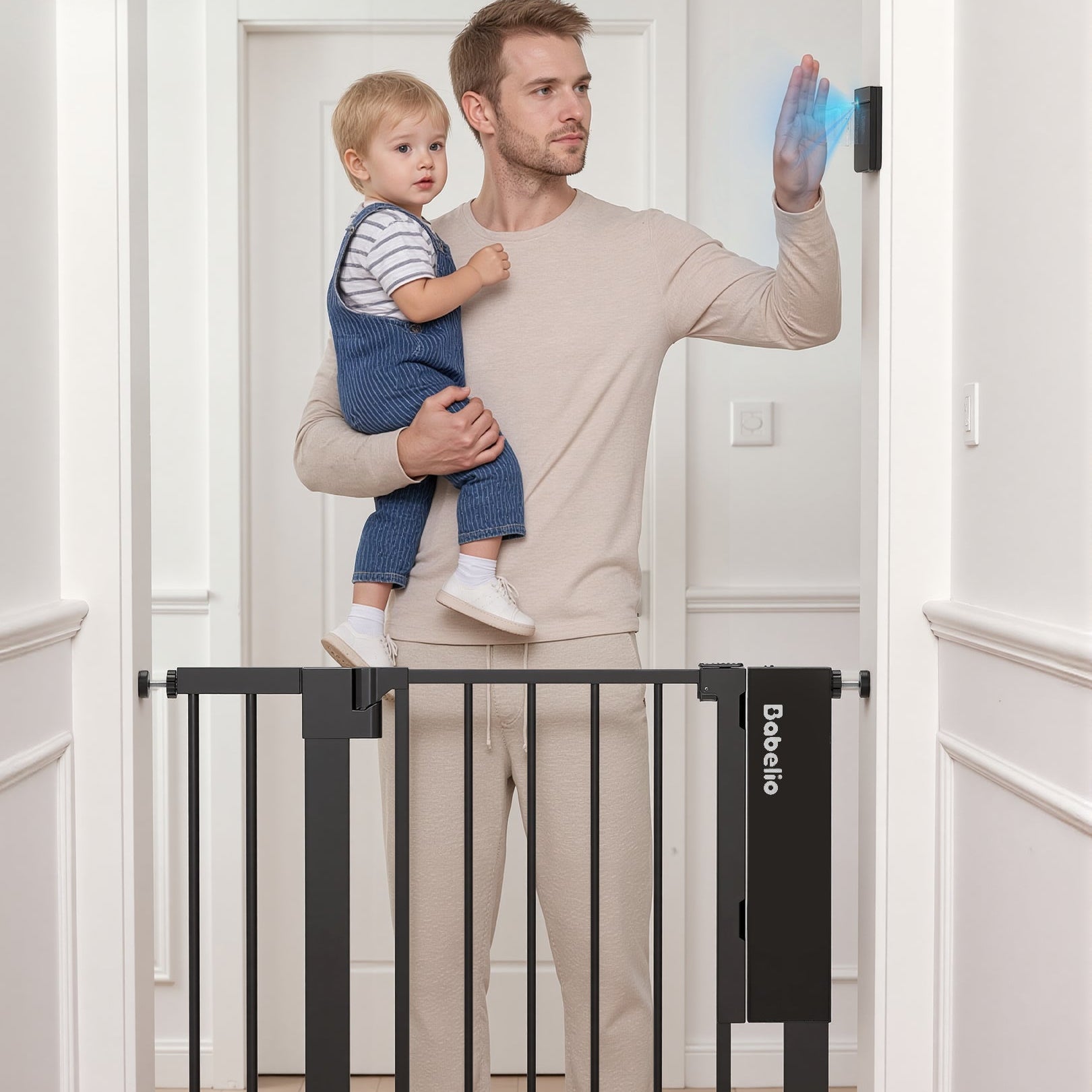 Babelio baby safety gate with automatic sensor, shown in hallway with dad holding toddler