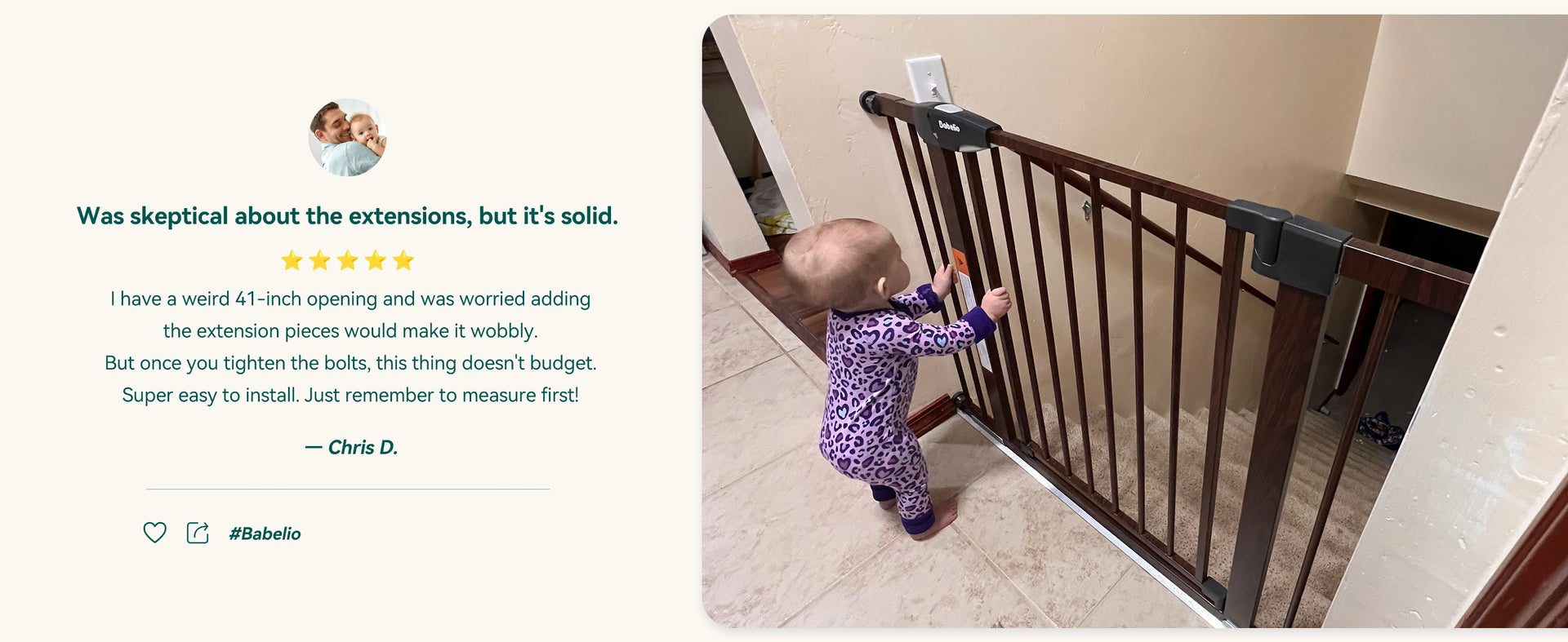 Baby gate with a baby trying to climb it, accompanied by customer review text.