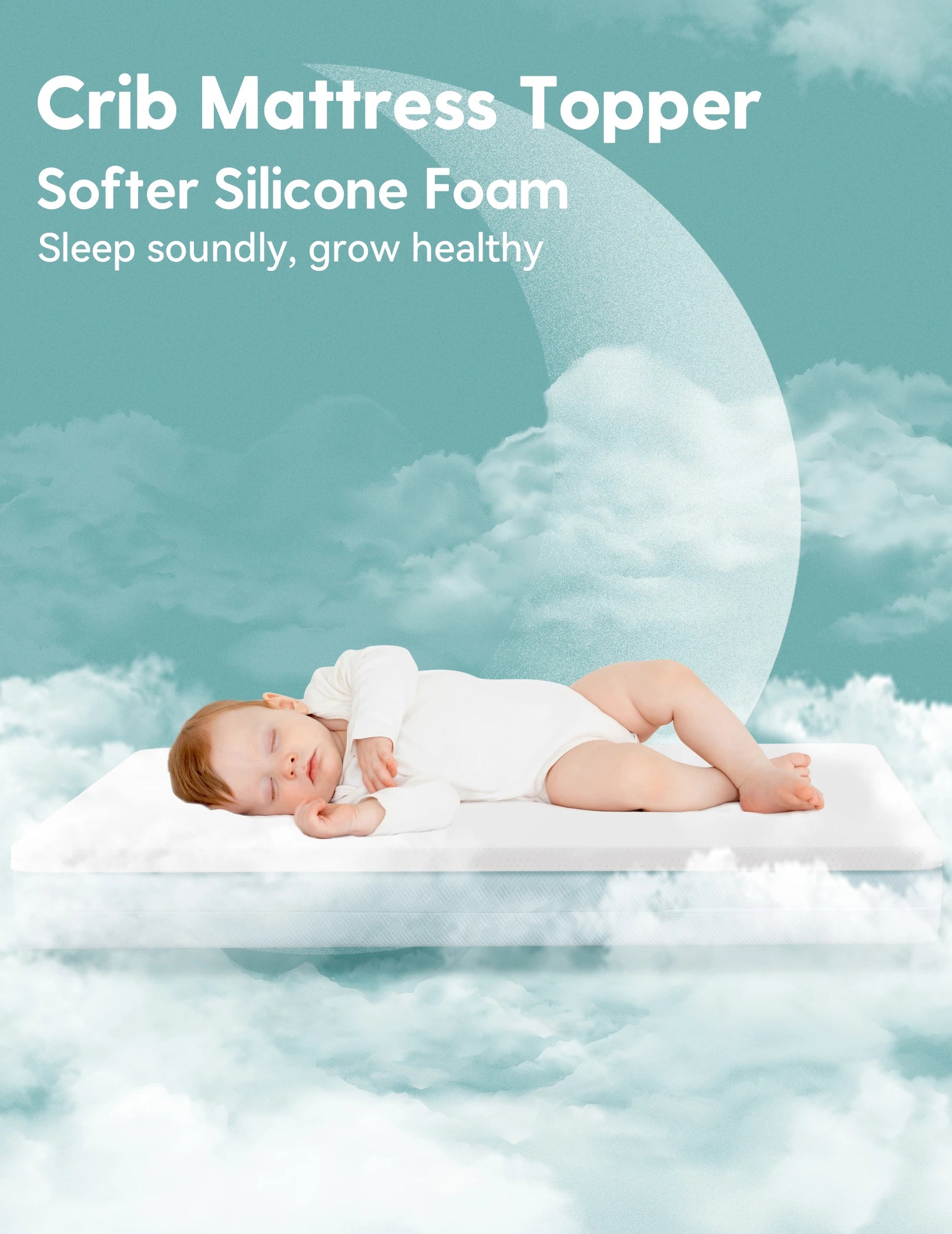 Stratus Topper showing its soft silicone-foam comfort layer in a nursery scene