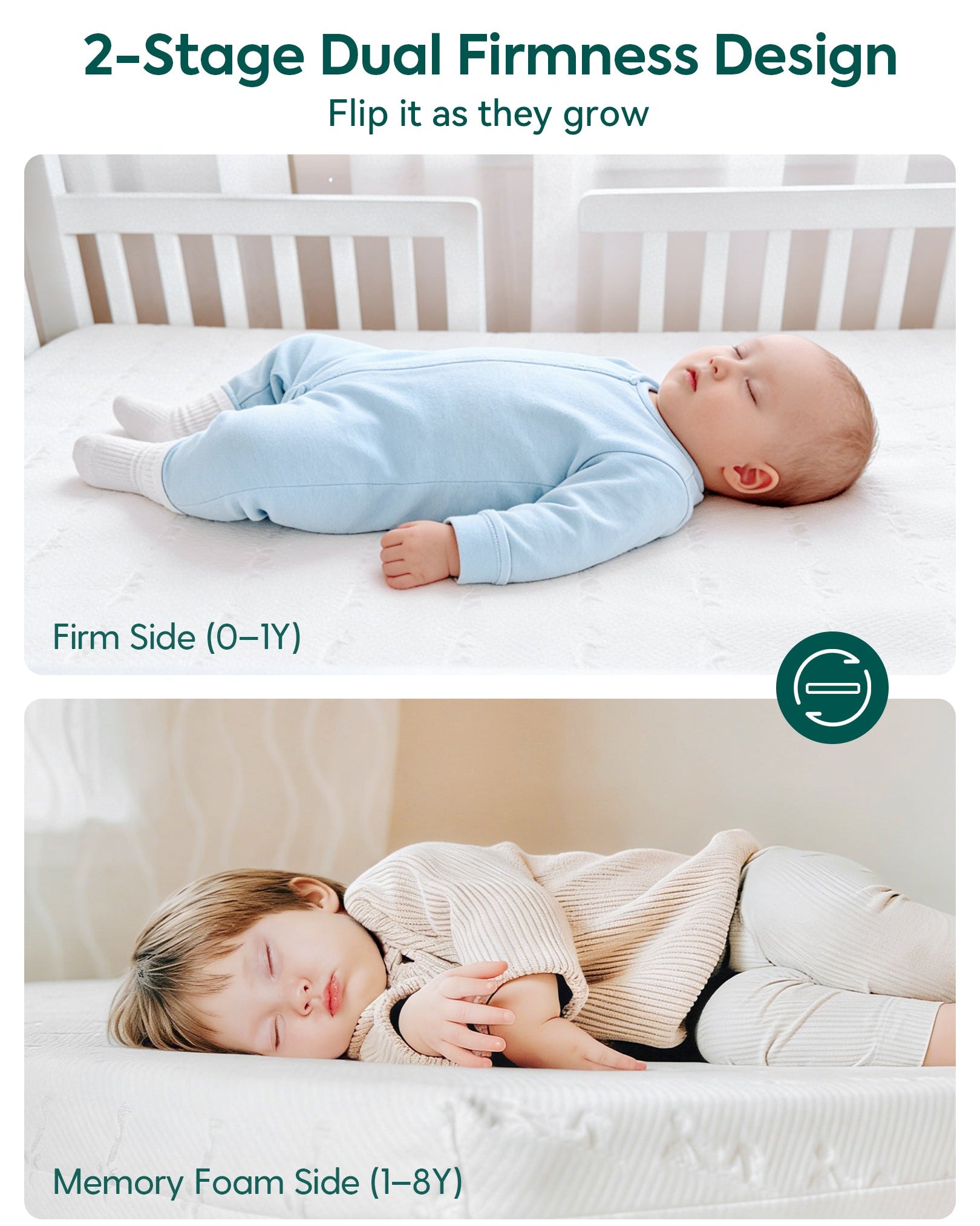 Babelio crib mattress with 2-stage dual firmness design for babies and toddlers in nursery