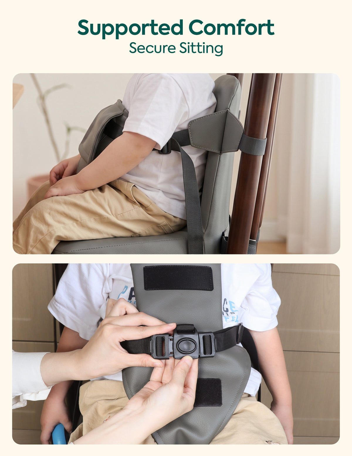 A two-panel marketing image showing a child seated in a gray and brown support chair with a harness, plus a close-up of an adult fastening the front buckle. Text at the top reads 'Supported Comfort Secure Sitting.