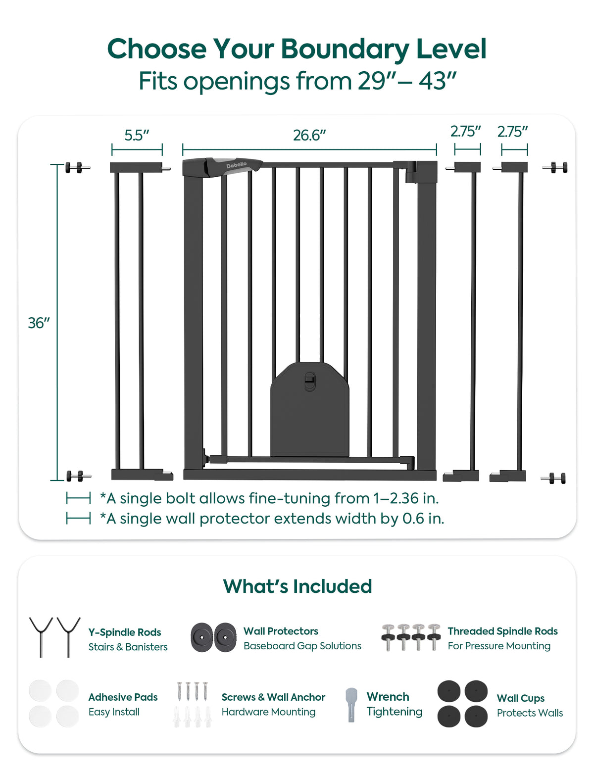 An informational product graphic for a stair gate showing a front view with labeled dimensions, plus a bottom section listing included accessories such as Y-spindle rods, wall protectors, threaded spindle rods, adhesive pads, screws, wall anchor, wrench, and wall cups.#Color_Black