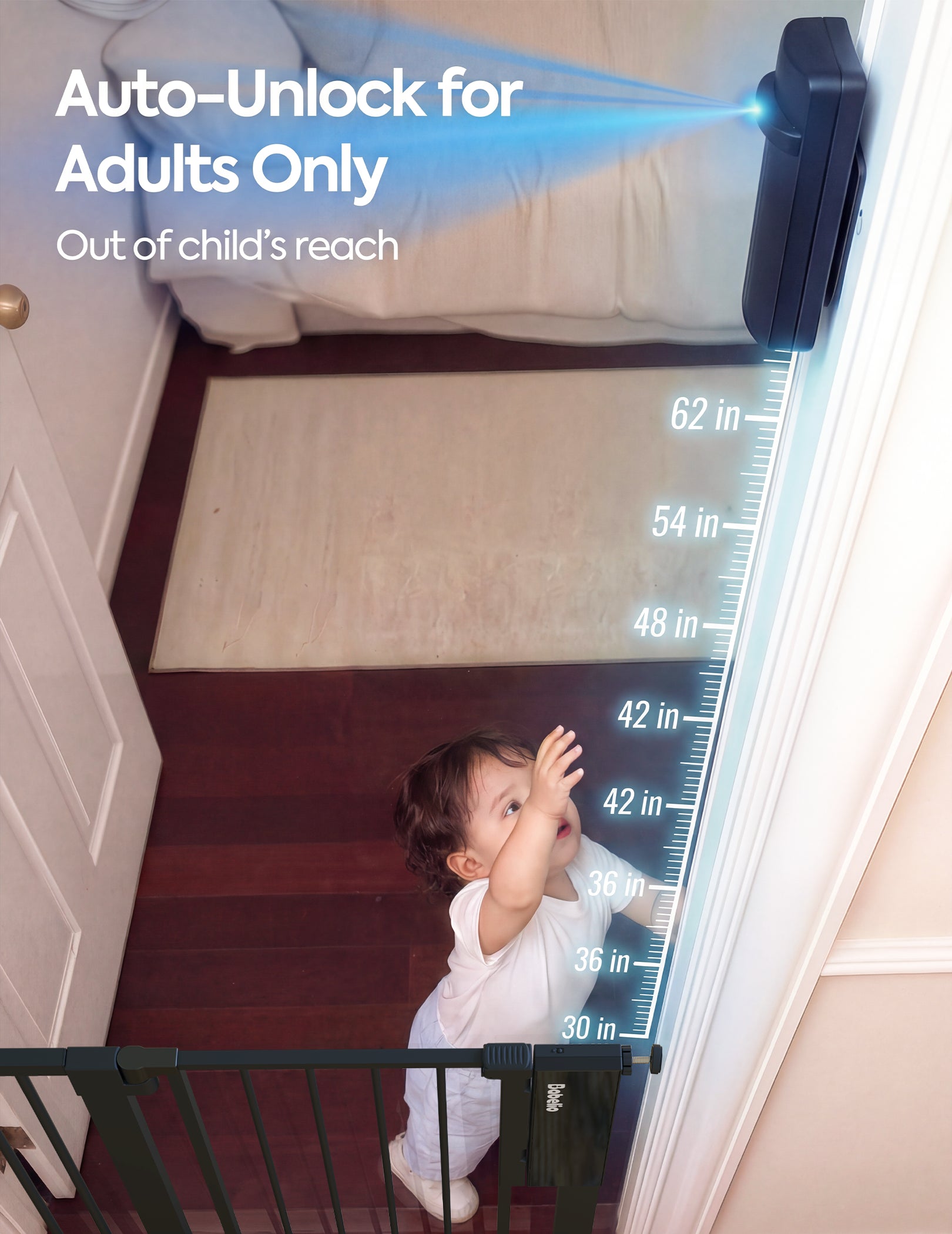 Babelio baby safety gate with auto-unlock for adults, installed at stairway, out of child's reach