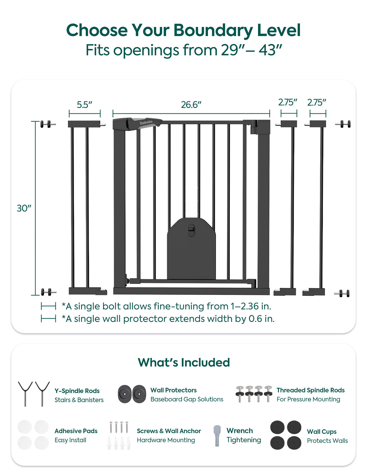 Installation guide and dimensions for a black metal safety gate, showing measurement diagrams for different boundary levels and a 'What's Included' section with mounting hardware.#Color_Black