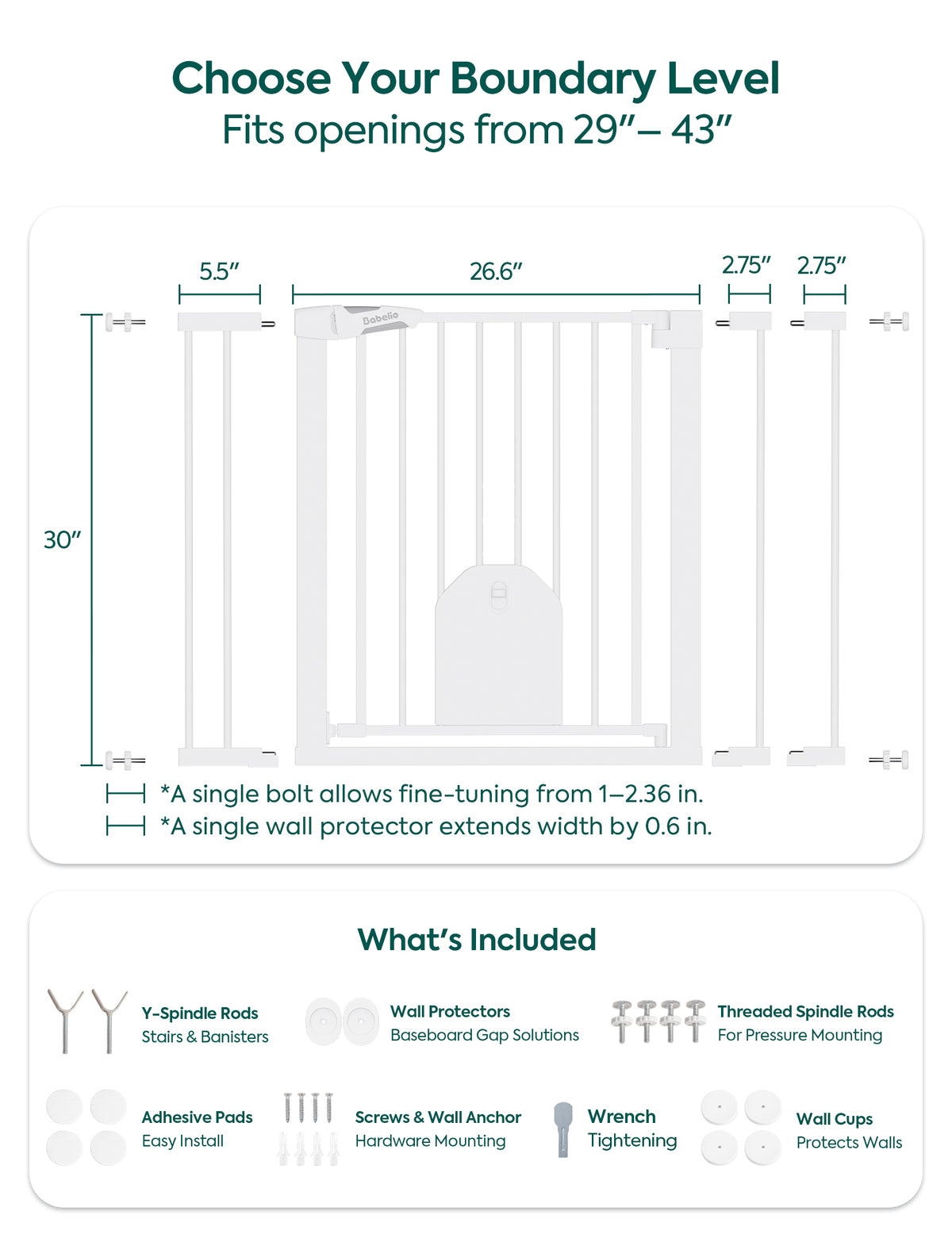 An informational product graphic for a white safety gate with dimension callouts showing opening widths and a 30-inch height, plus a 'What's Included' section listing included parts.#Color_White
