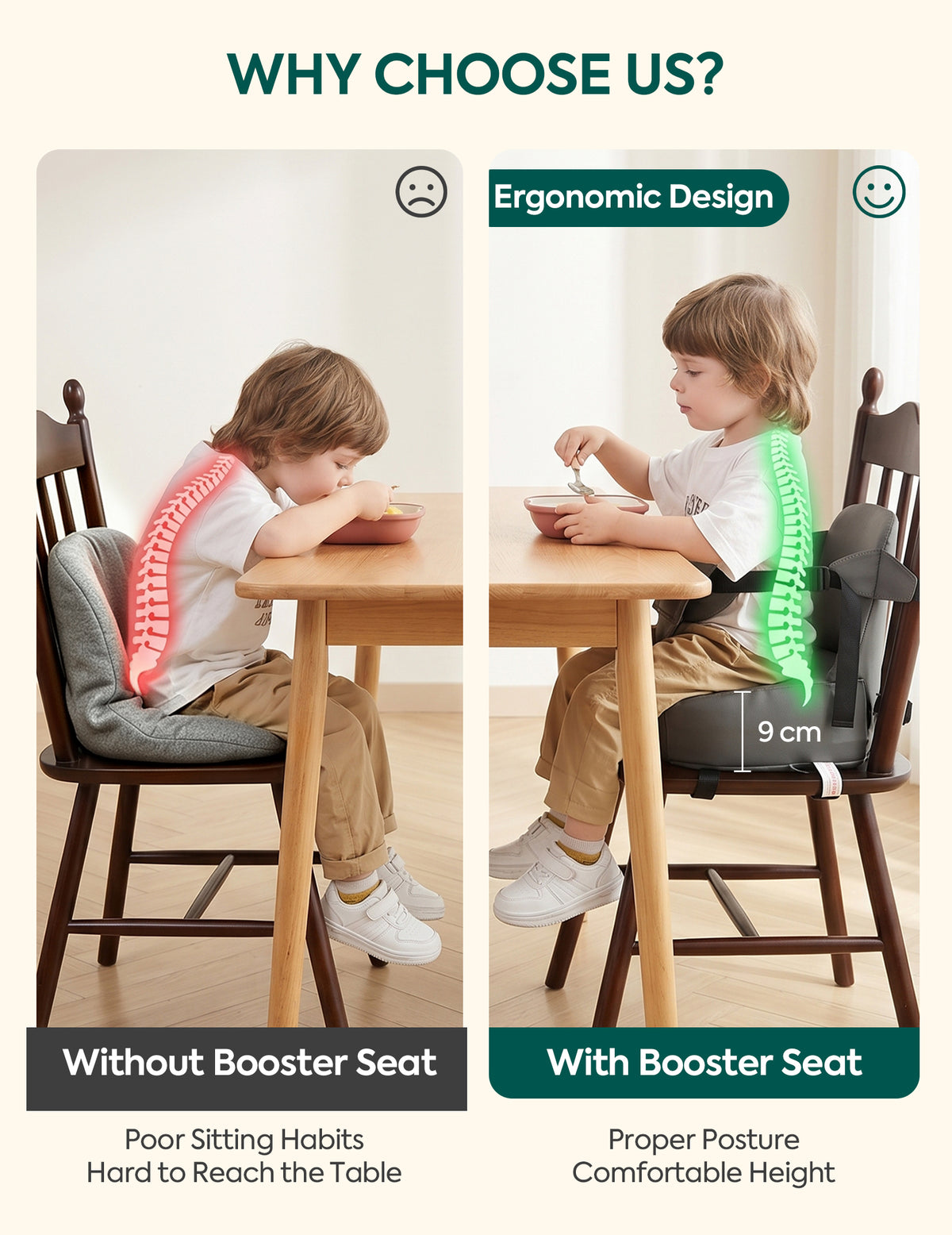 Comparative marketing graphic showing a child seated at a wooden table, with the left panel labeled 'Without Booster Seat' showing poor posture and a red spine outline, and the right panel labeled 'With Booster Seat' showing proper posture and a green spine outline plus a 9 cm height marker.
