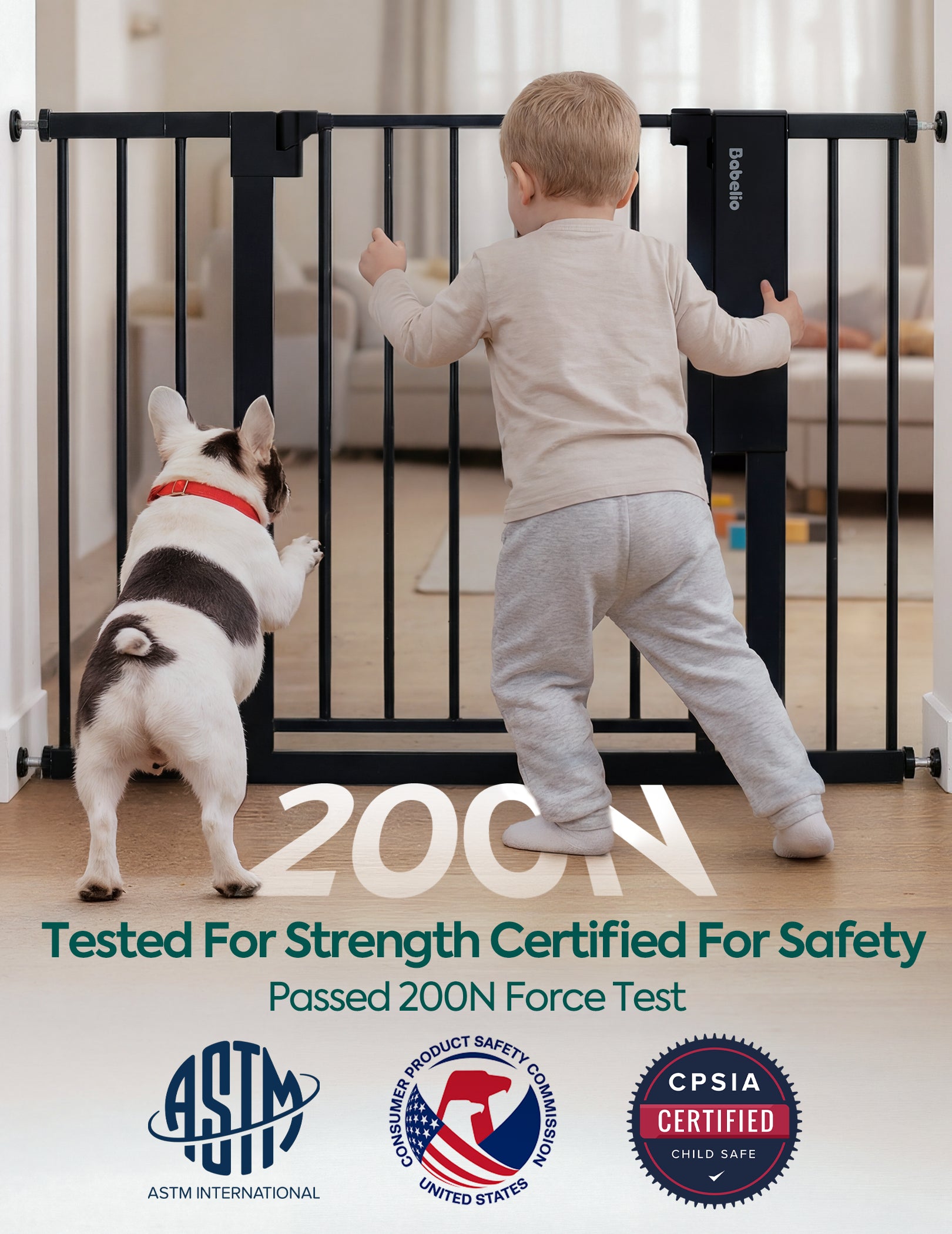 Babelio baby safety gate in nursery, toddler and dog behind black metal gate, ASTM & CPSIA certified for child safety