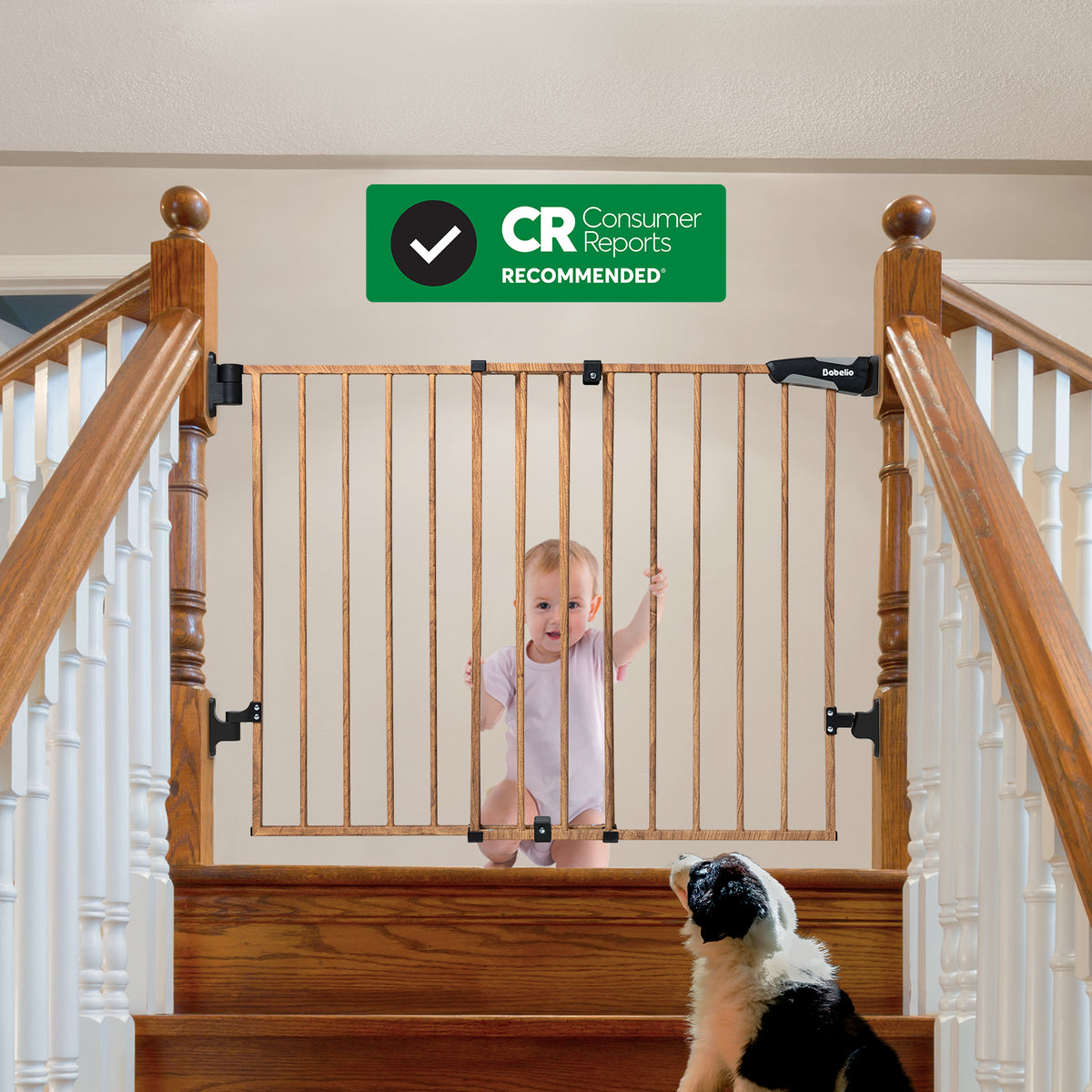 Babelio baby safety gate installed at top of stairs, CR Recommended, with baby and dog nearby