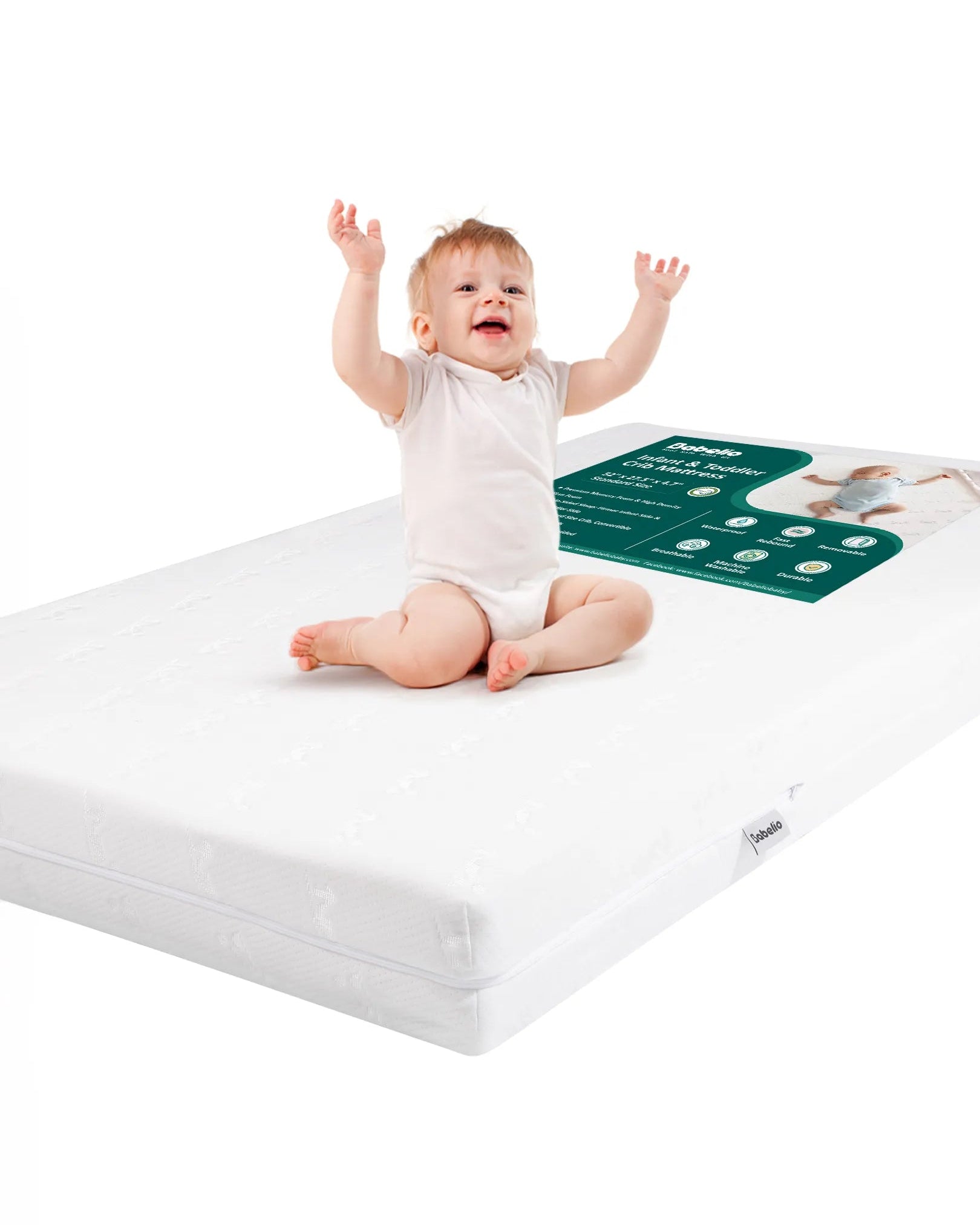 Babelio crib mattress with happy baby sitting on it, ideal for nursery use