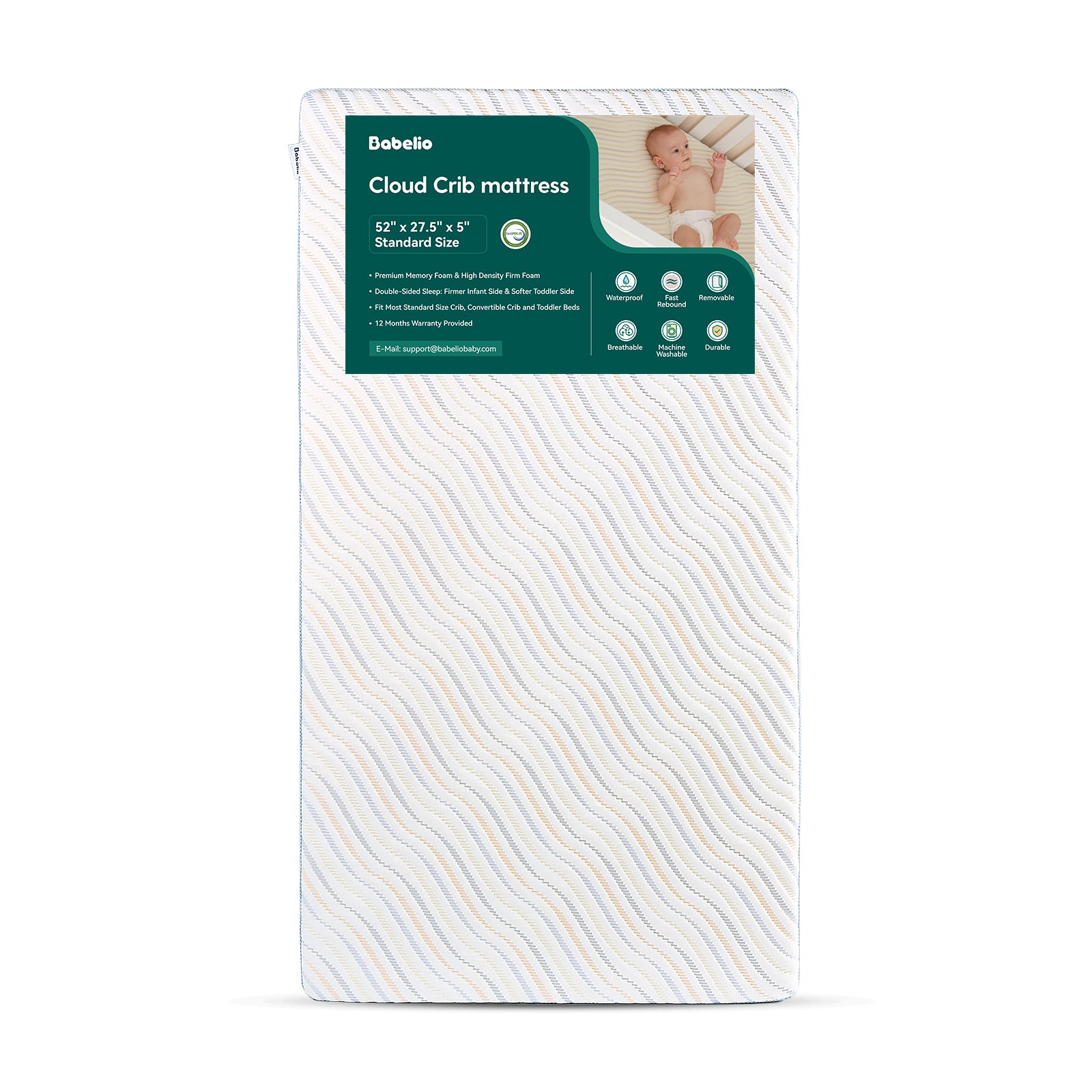 Babelio Cloud Crib mattress with wavy stripe pattern, premium memory foam, waterproof & breathable for nursery use