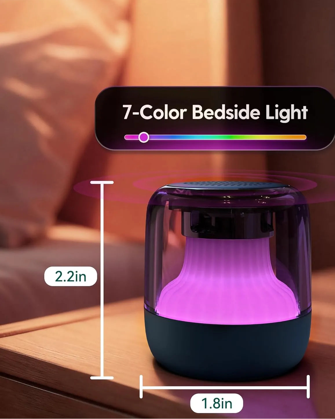 Babelio white noise machine with 7-color bedside light, shown on nursery nightstand, 2.2in tall
