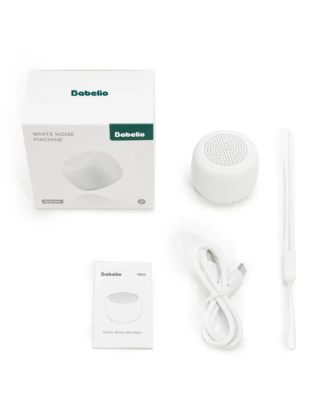 Babelio white noise machine with packaging, USB cable, and manual for baby sleep aid