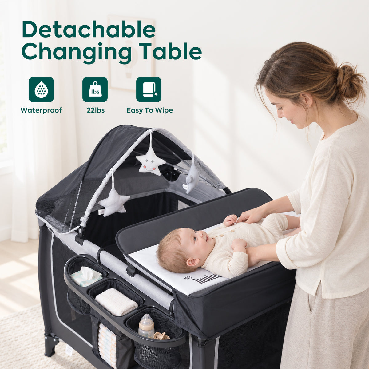 Baby Playard with Canopy, Portable Crib with Changing Table