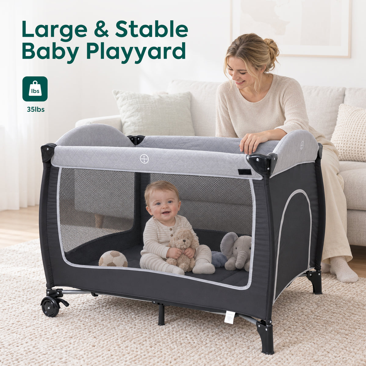 Baby Playard with Canopy, Portable Crib with Changing Table