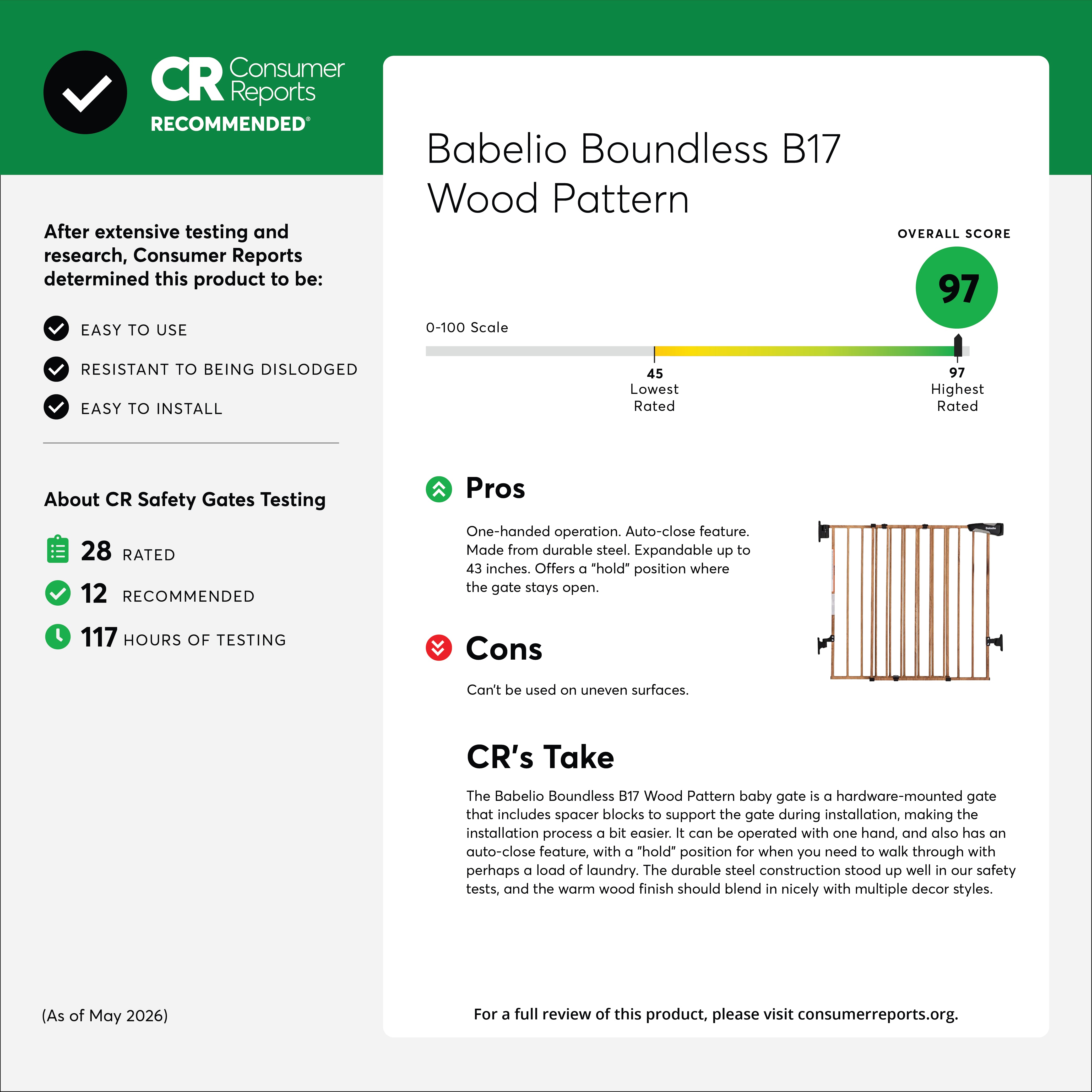 Babelio Boundless B17 Wood Pattern baby safety gate, Consumer Reports Recommended with 97 score, easy install, auto-close feature