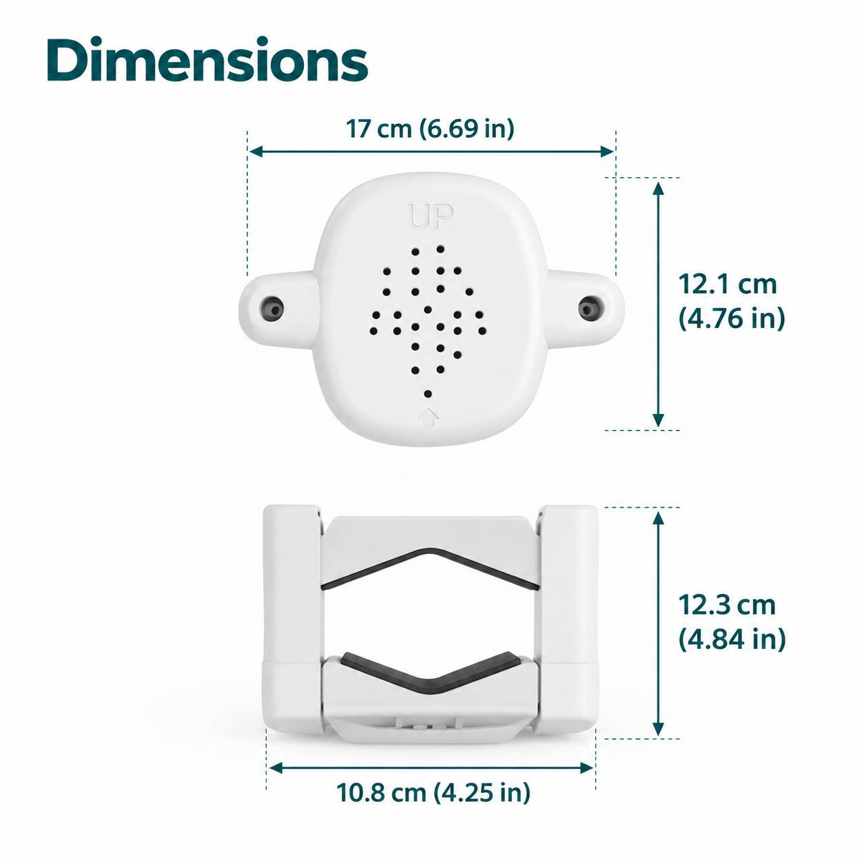Product dimensions diagram showing a white clip-like accessory from top and side views with measurement labels: 17 cm width, 12.1 cm height, and 10.
