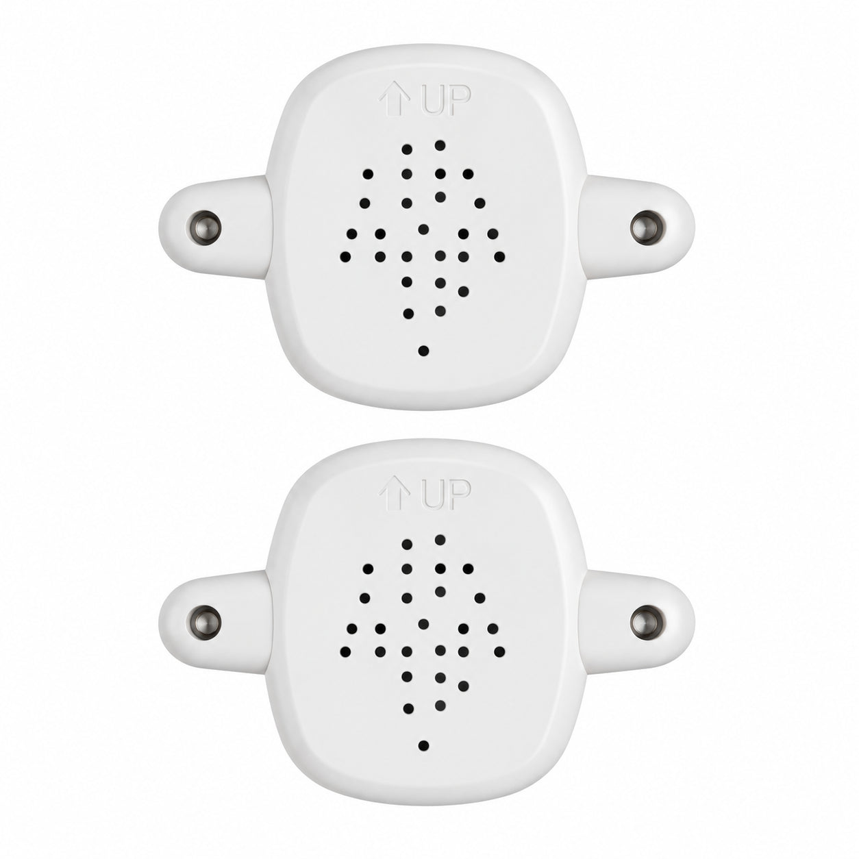 Two white electronic sensor units with small metal side connectors and a dotted directional symbol on the front, shown on a plain white background.