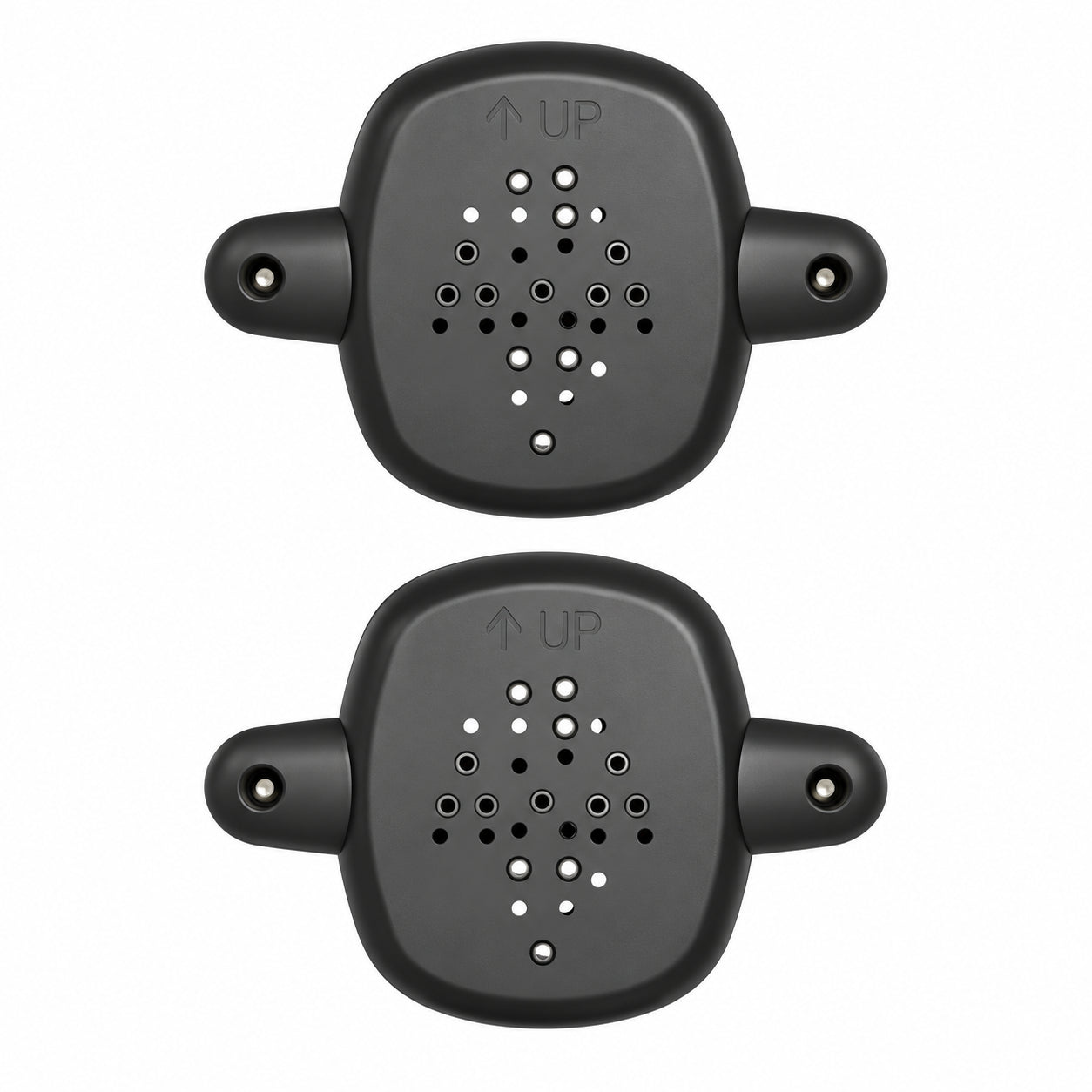 Two black bicycle saddle pad covers with ventilation holes and 'UP' printed on them, shown on a plain white background.
