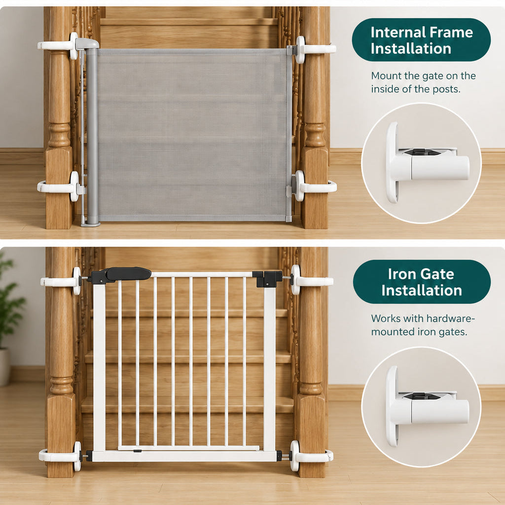 Three-panel instructional graphic showing a gray mesh baby gate installed in three configurations: external frame, internal frame, and iron gate installation, with text callouts and small inset product detail circles.