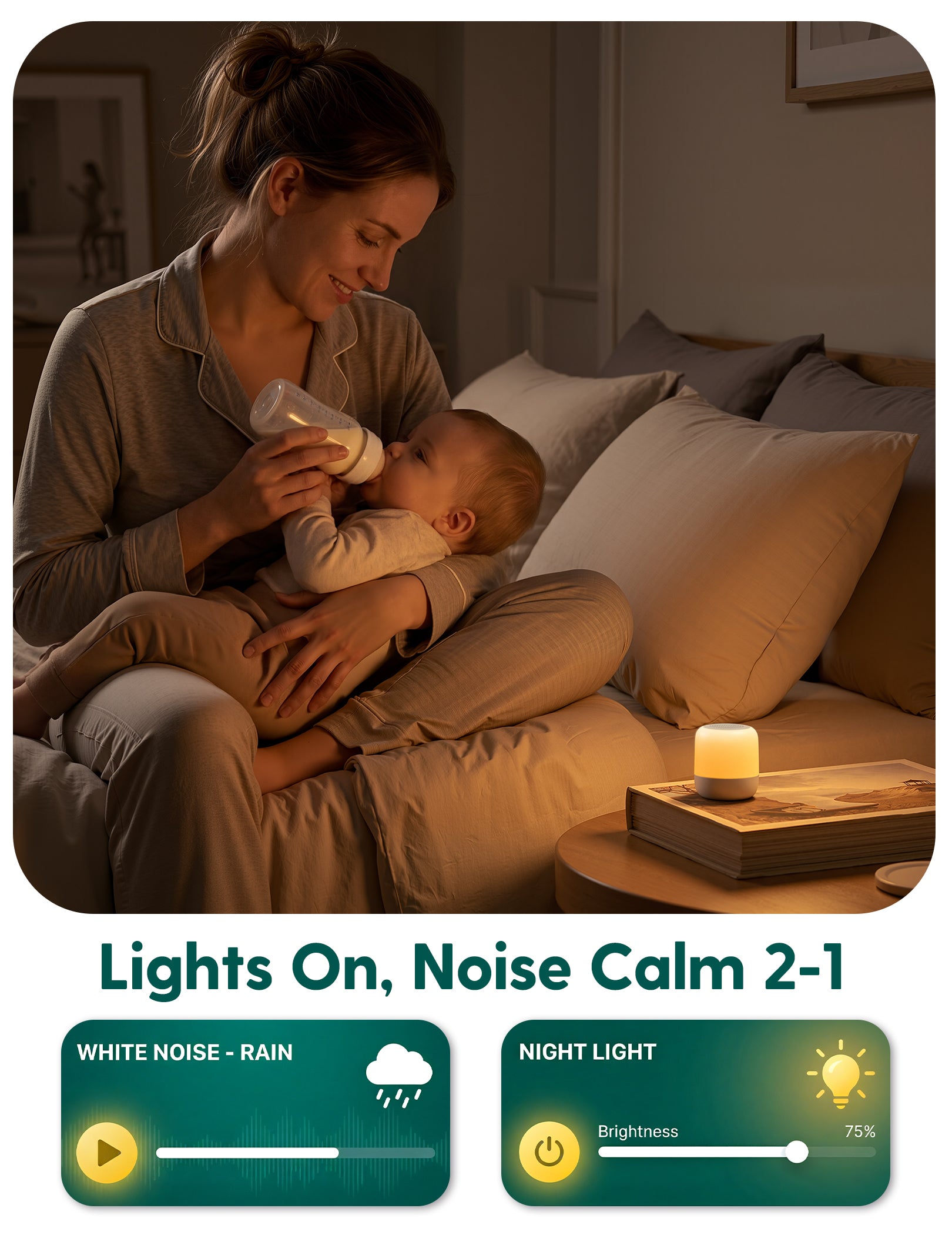 Babelio white noise machine with night light in nursery, soothing baby during feeding