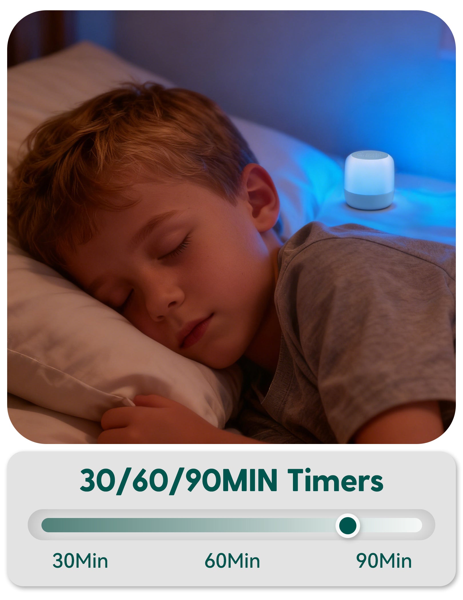Babelio white noise machine with blue night light beside sleeping child in nursery, 30/60/90 min timers