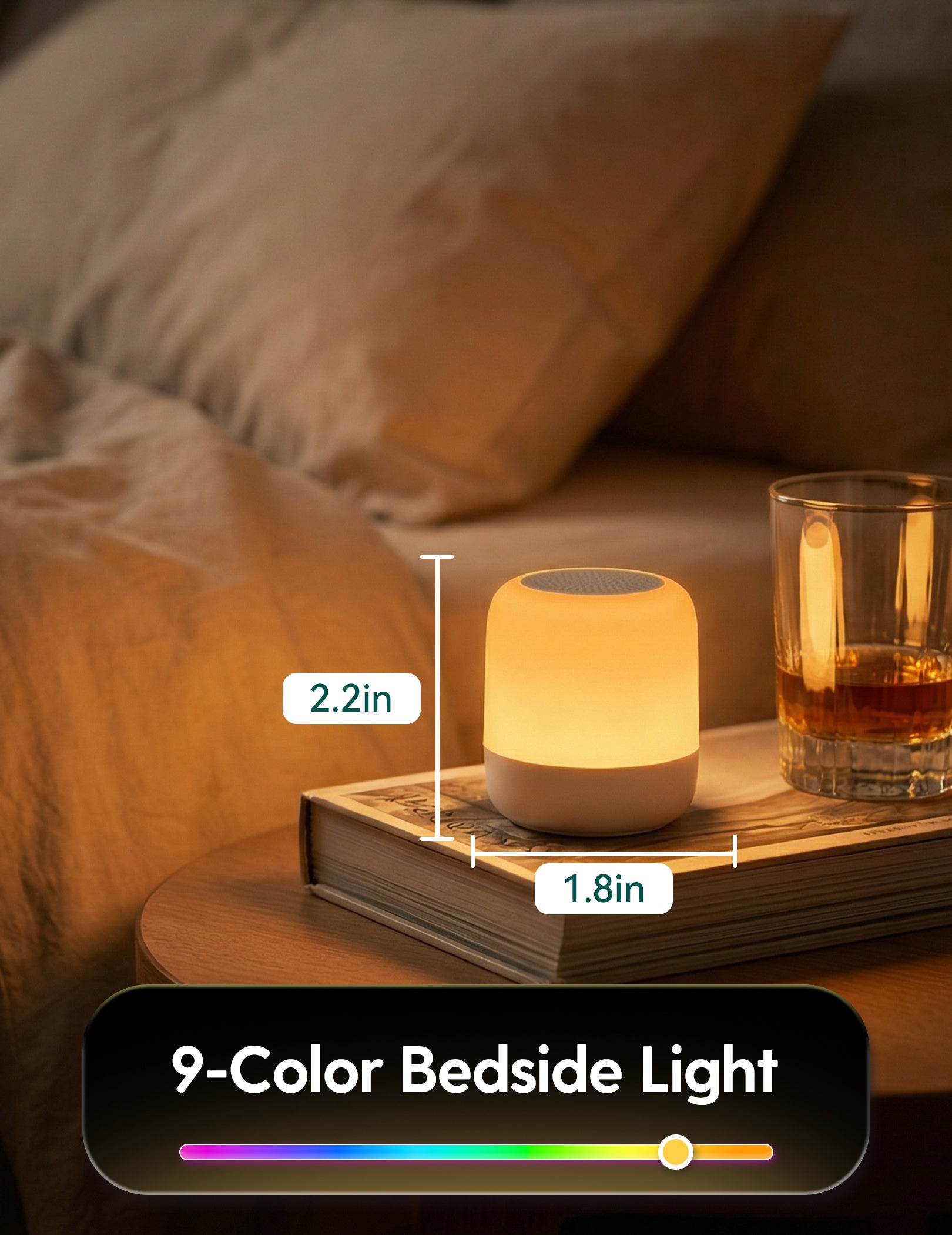 Babelio 9-color bedside light on nursery nightstand, warm glow, 2.2in height, white noise machine