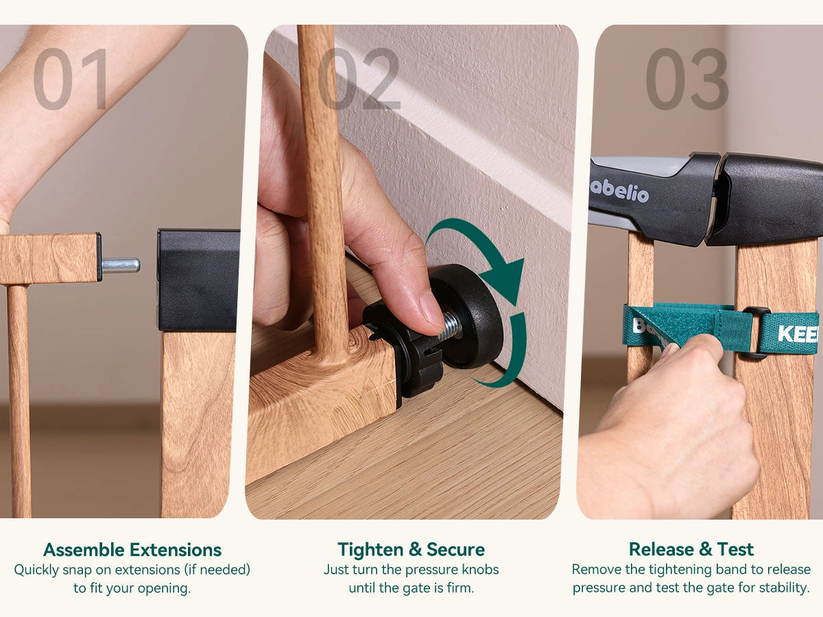 Step-by-step assembly process of a wooden gate with hardware, including assembling extensions, tightening, and testing.