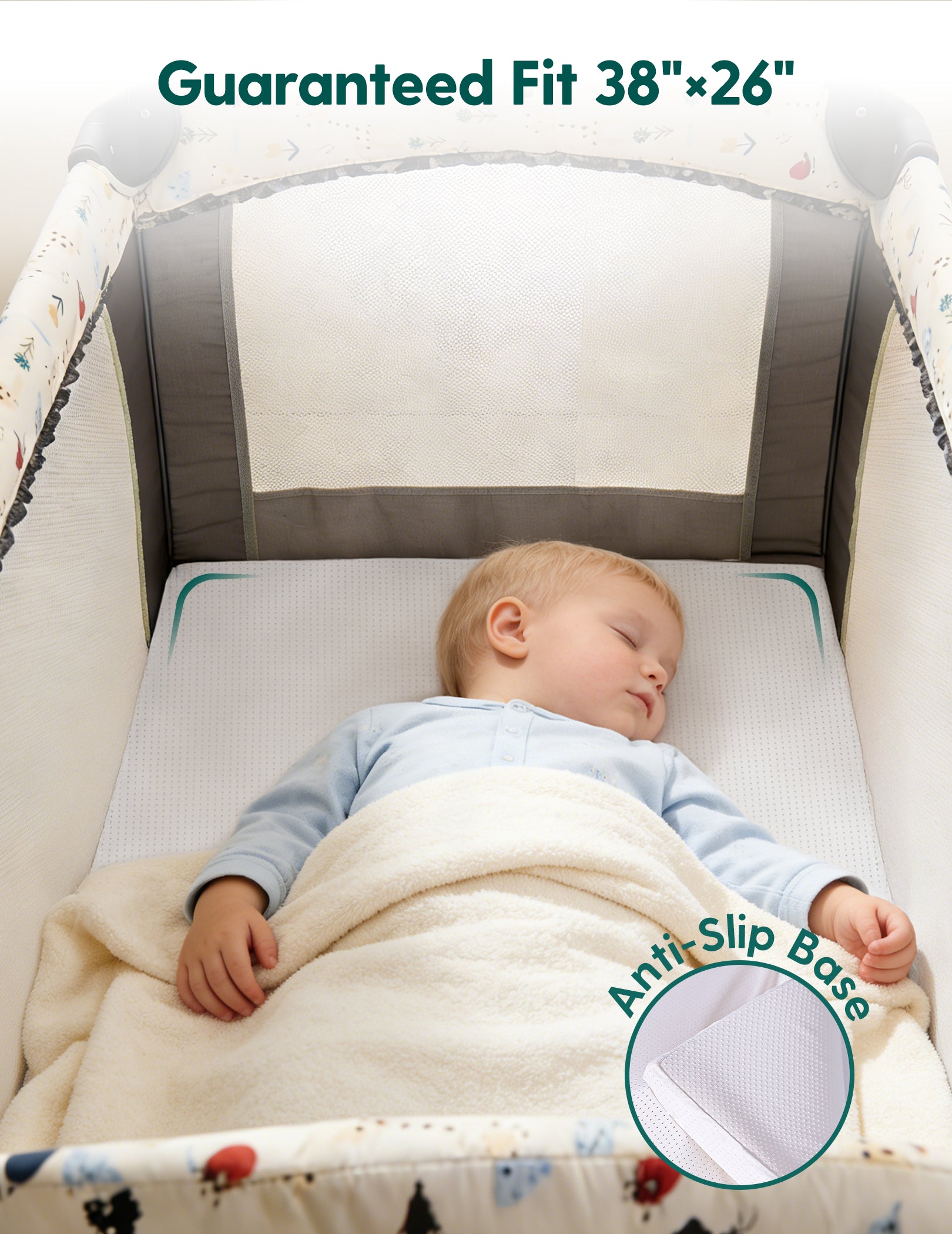 Babelio crib mattress with anti-slip base, perfect for nursery use, ensuring baby's comfort and safety.
