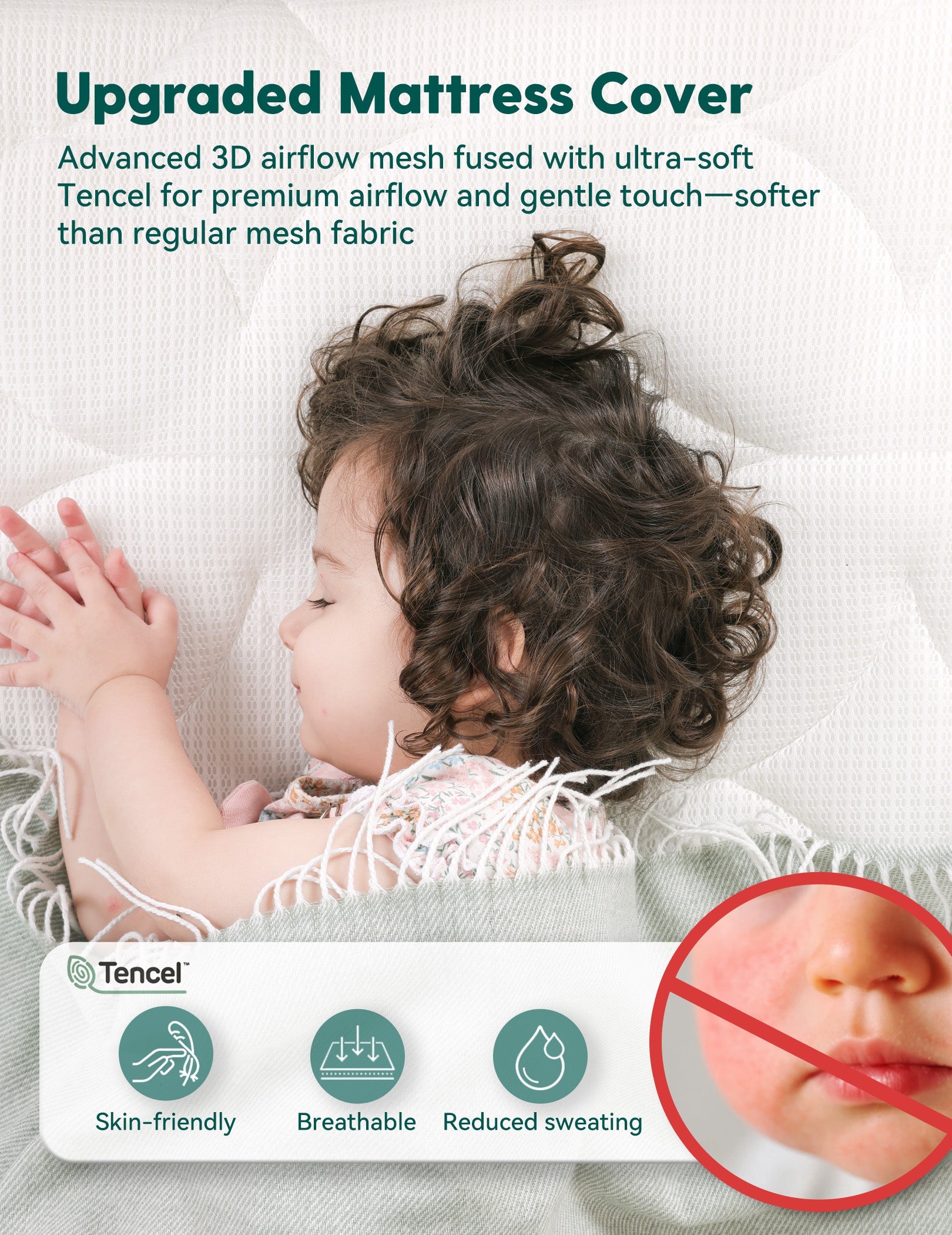 Air Nest breathable crib mattress shown in a nursery with a sleeping baby