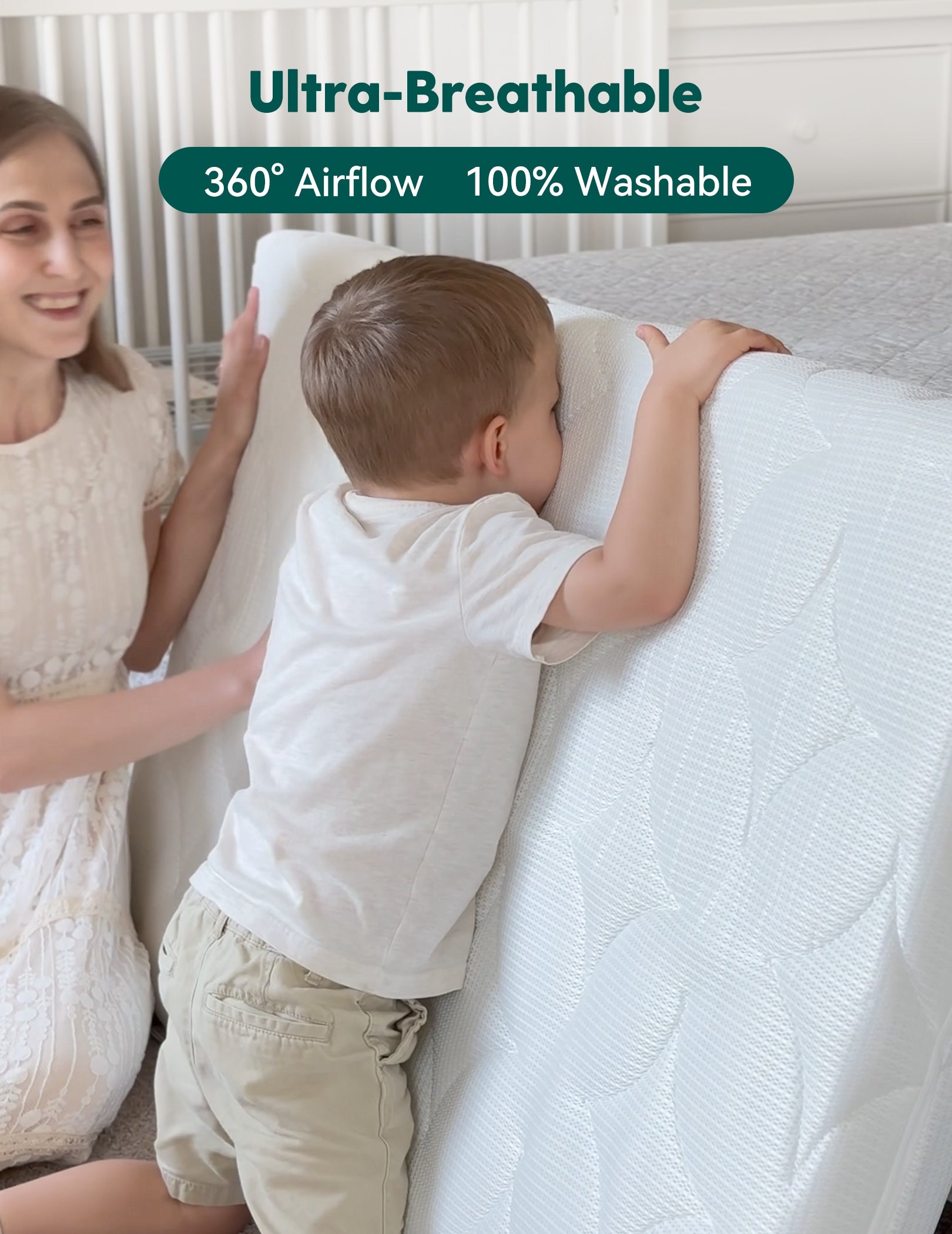 Air Nest washable-core crib mattress shown with a parent and child in a nursery