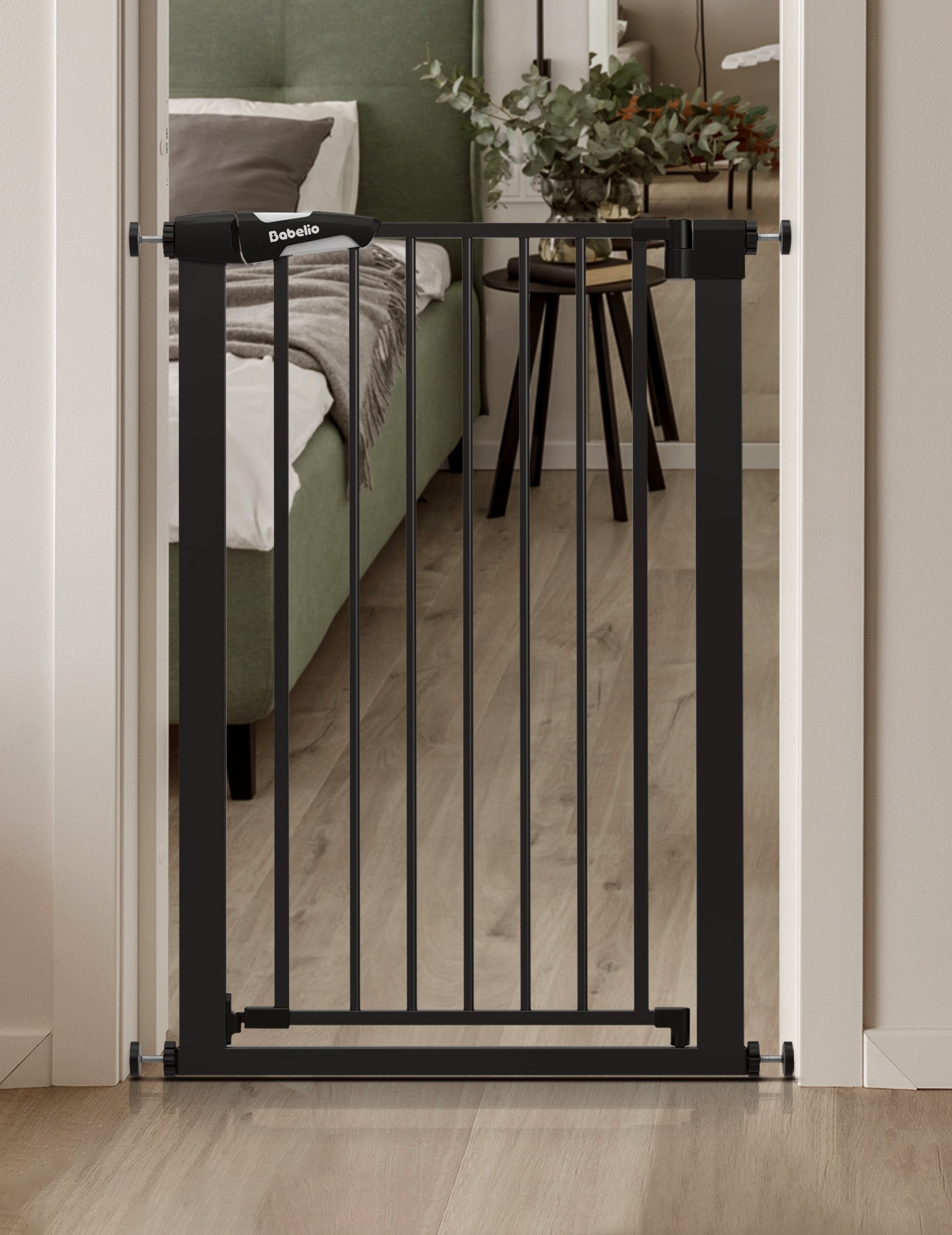 Babelio baby safety gate for narrow spaces installed in a modern bedroom doorway