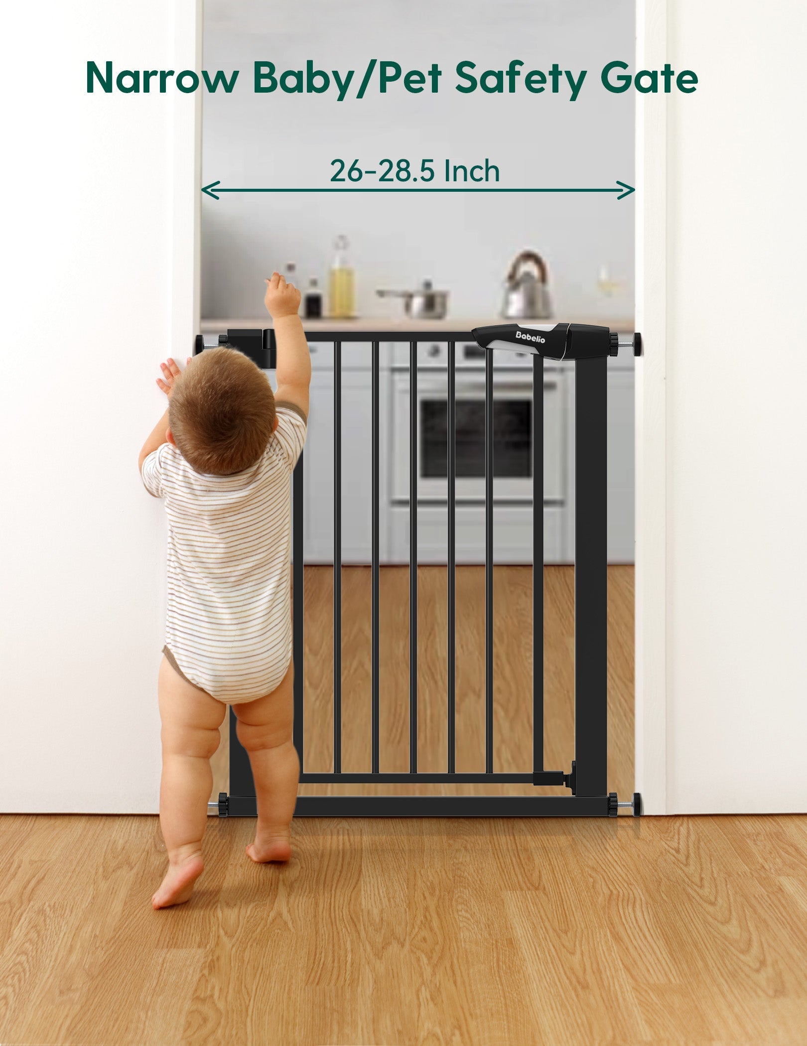 Babelio baby safety gate for narrow doorway with baby in a modern kitchen setting