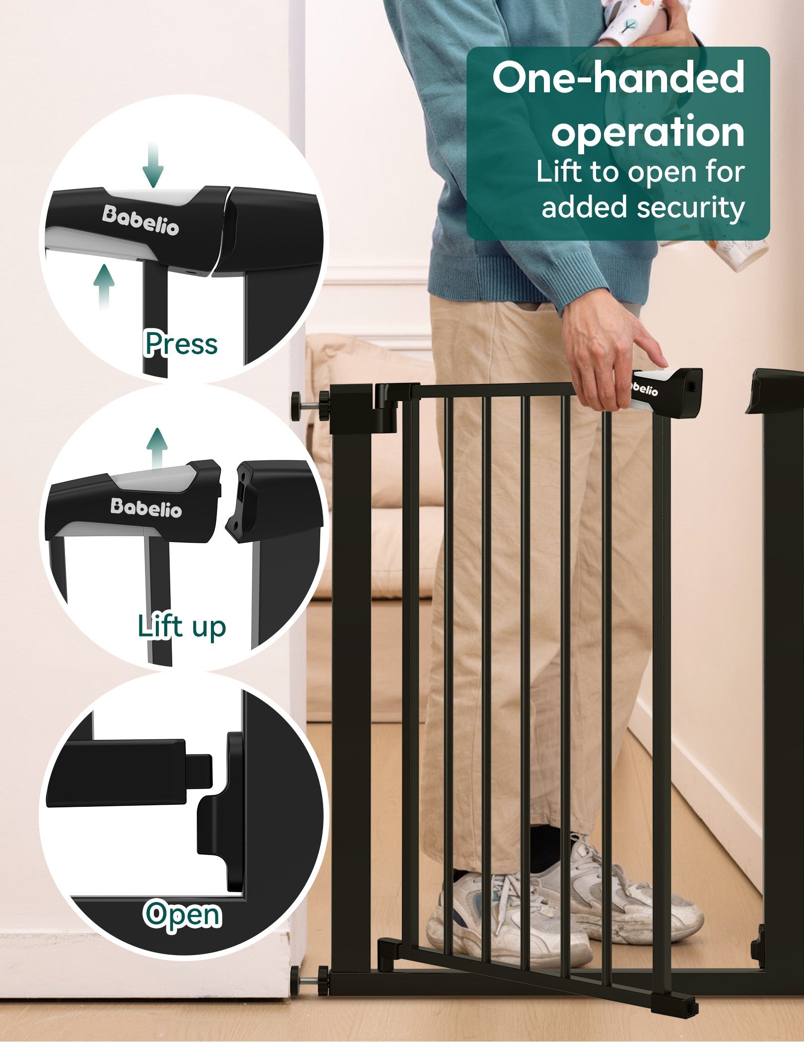 Babelio baby safety gate for narrow space shown in a hallway with one-handed operation
