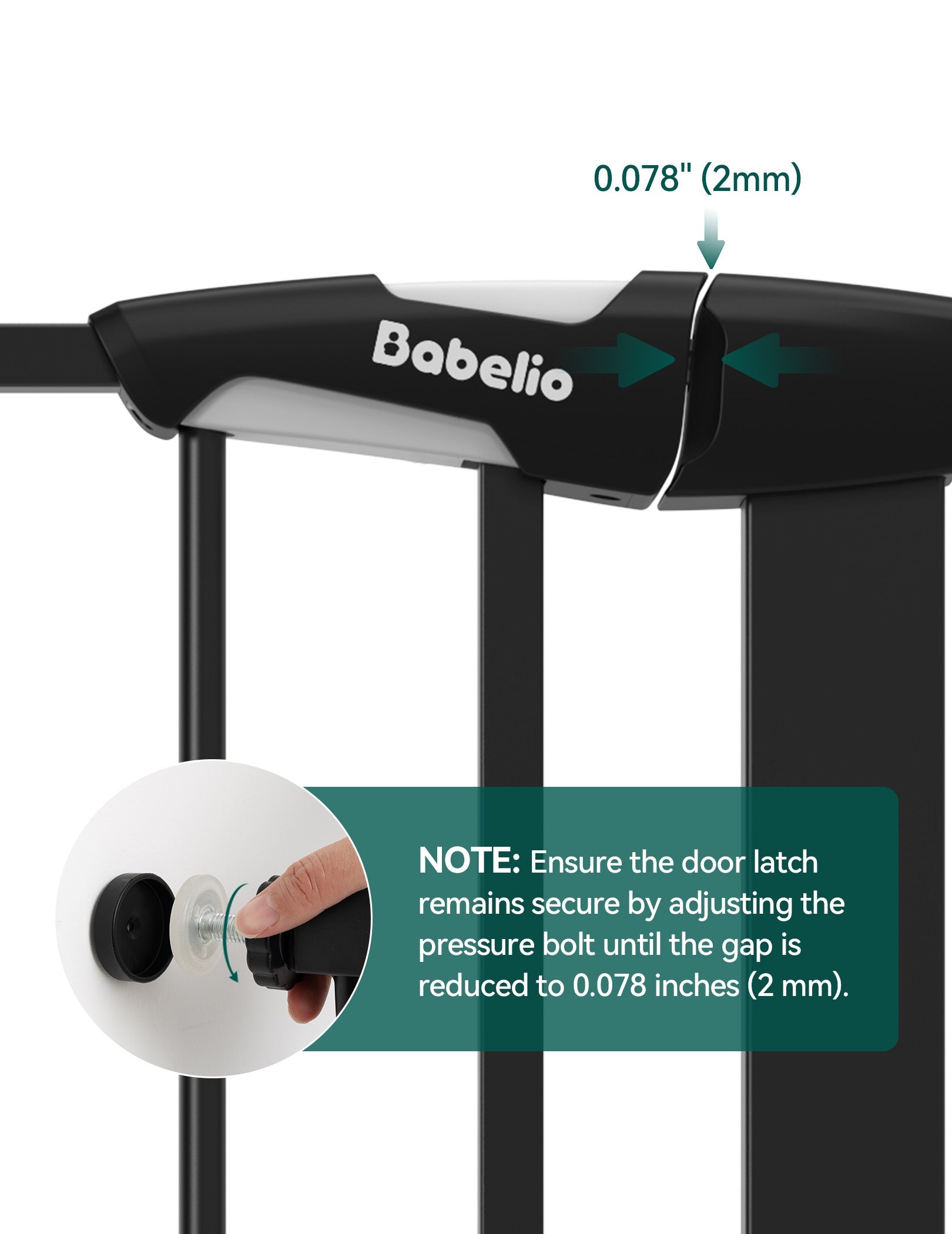 Babelio baby safety gate showing pressure latch adjustment in a home hallway