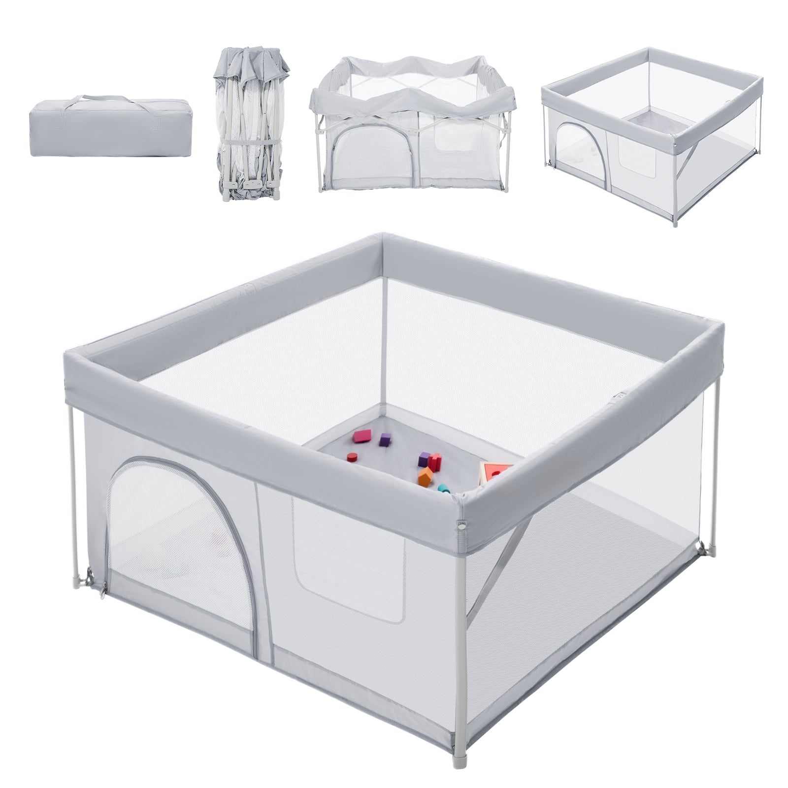 Babelio baby playpen, foldable grey mesh design, shown in indoor room with toys inside