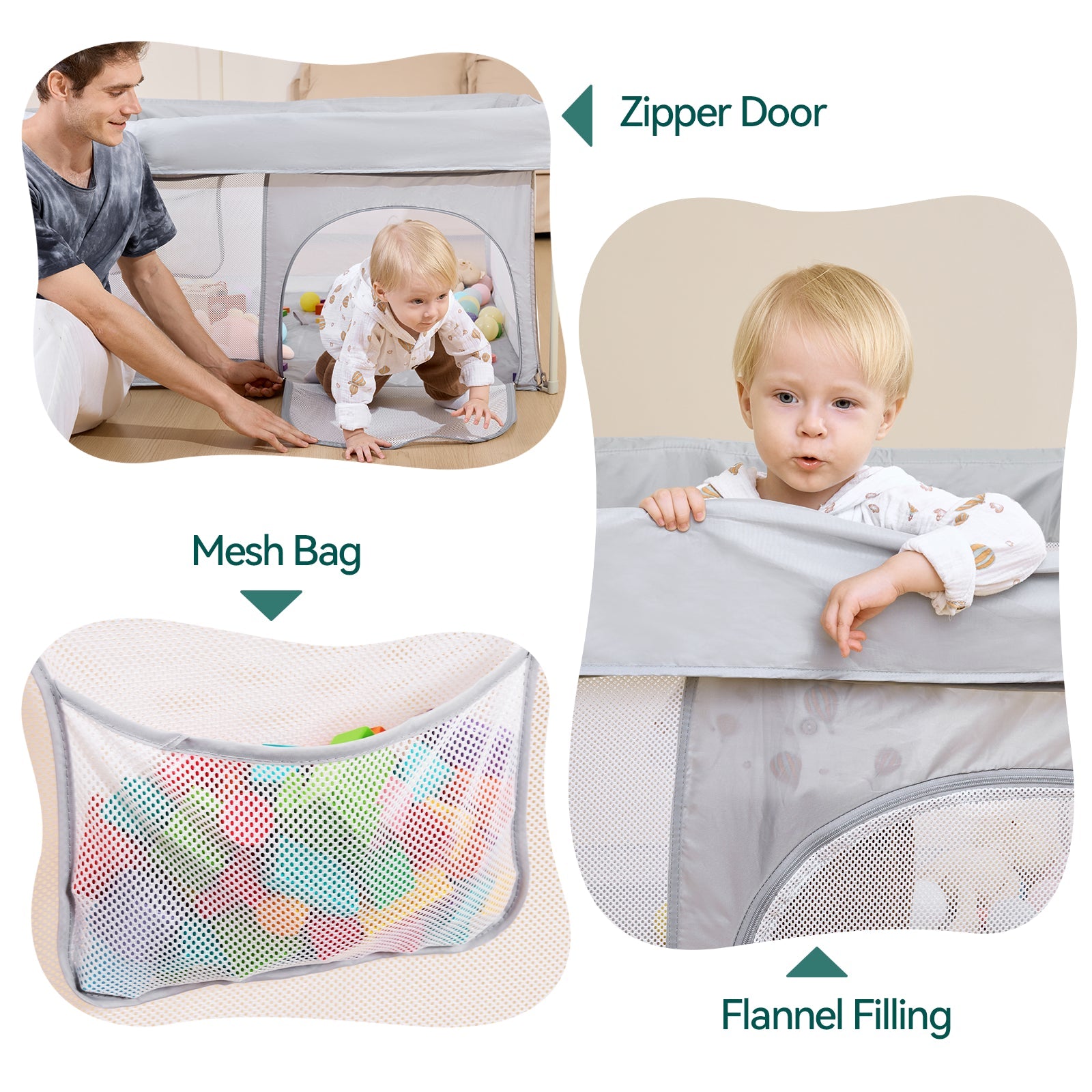 Babelio baby playpen with zipper door, mesh bag, flannel filling in a living room.