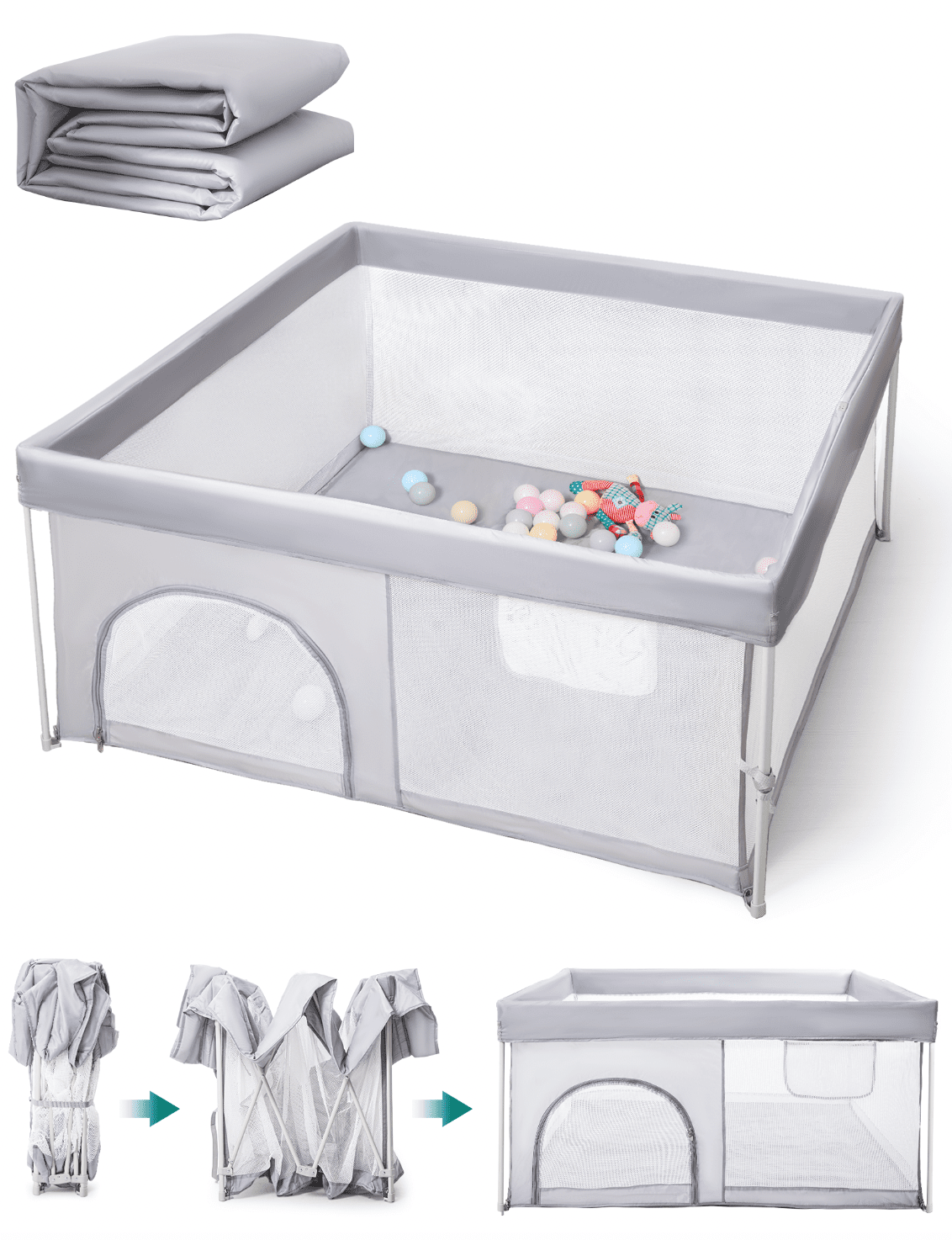 Babelio baby playpen, foldable grey play yard with mesh sides, suitable for indoor or outdoor use
