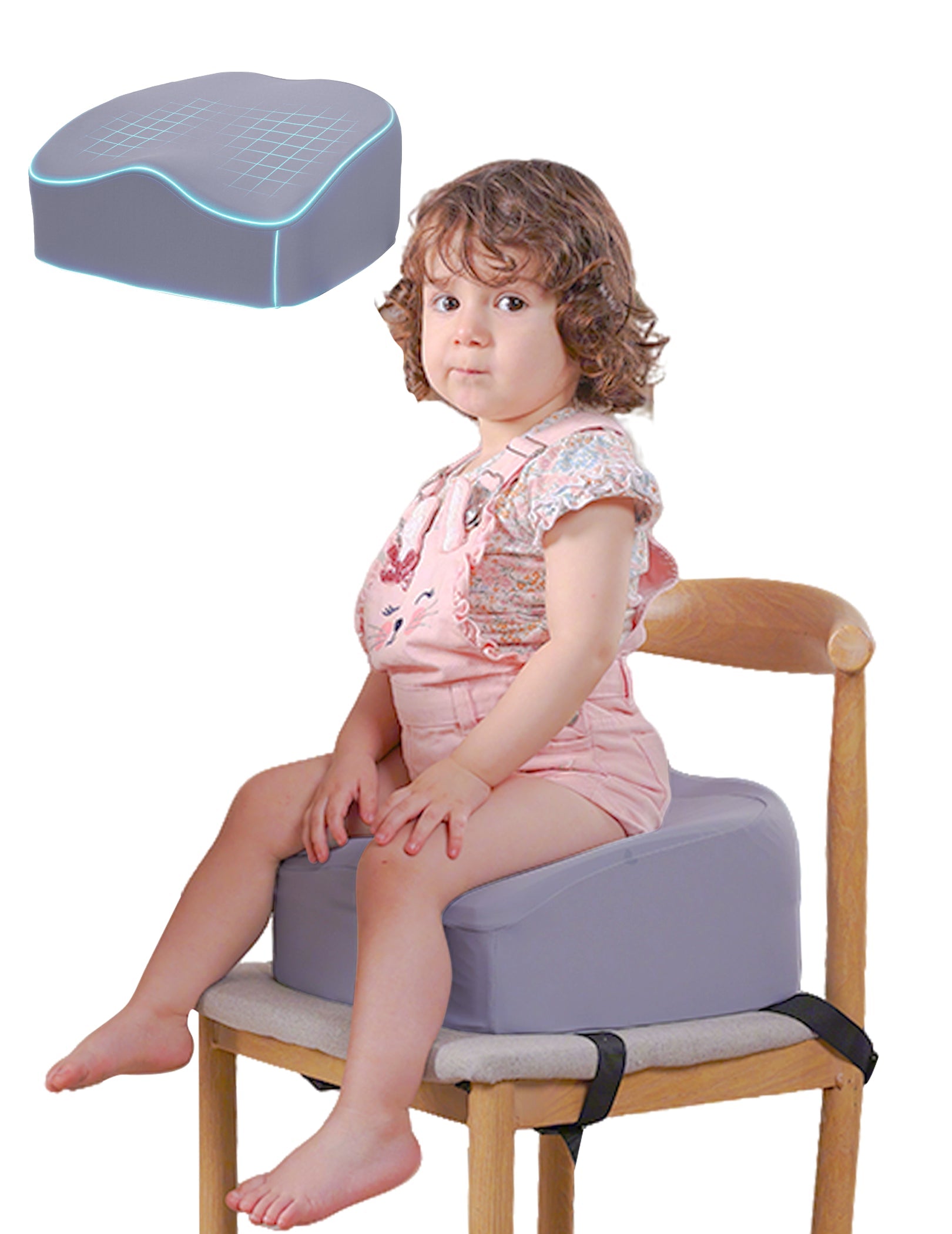 Babelio gray booster seat cushion strapped to dining chair with child sitting on it