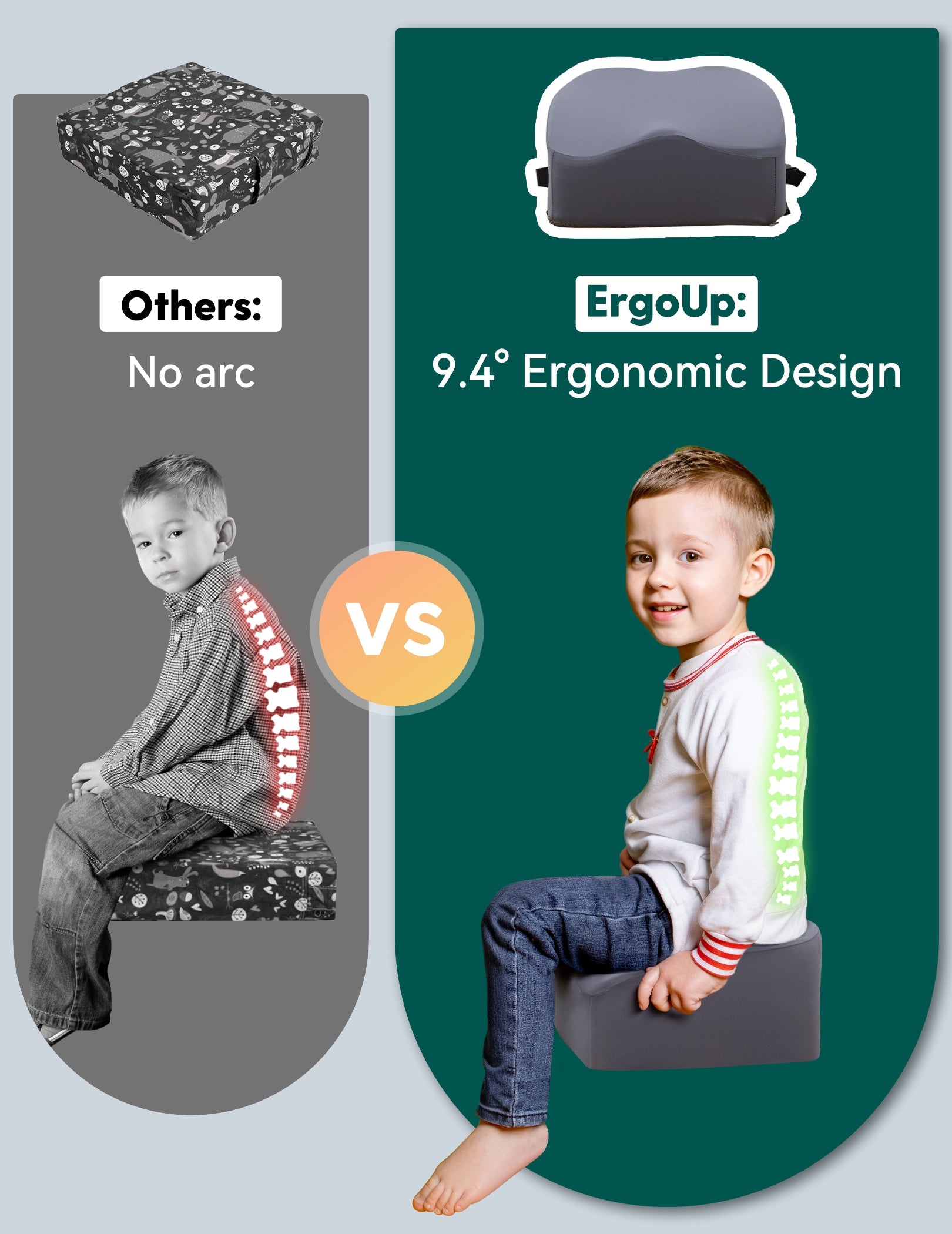 Babelio ergonomic booster seat vs regular cushion, showing posture support for kids in a dining room setting