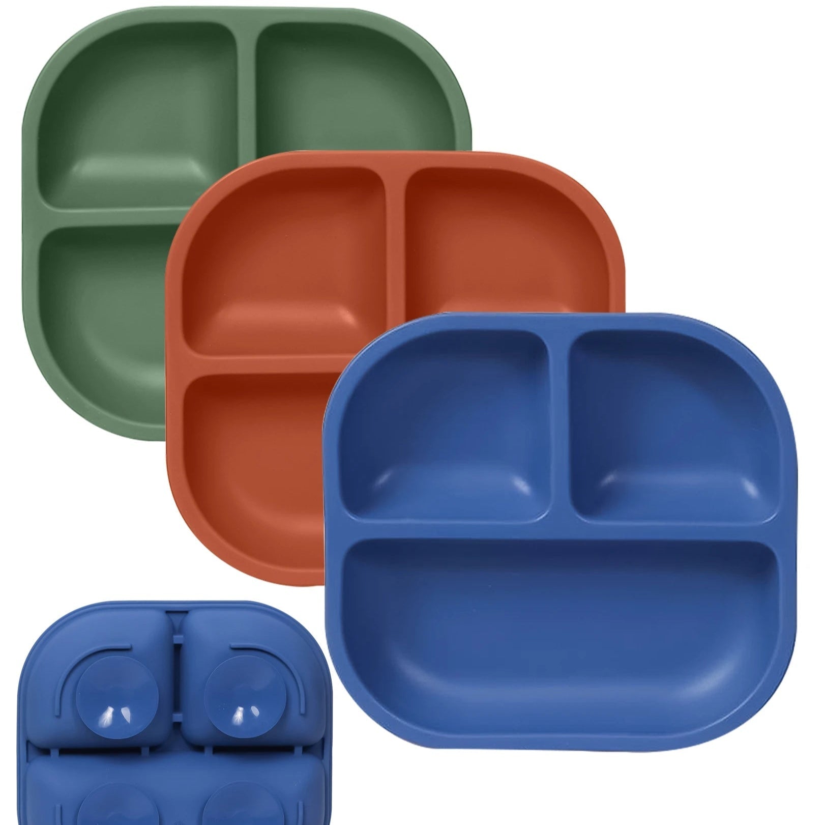 Babelio baby suction plates 3 pack in blue, green, and orange with divided sections