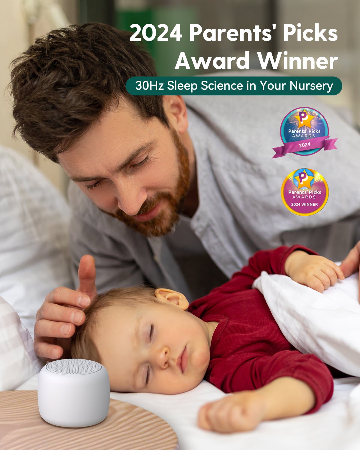 Babelio white noise machine in nursery with sleeping baby and parent, award winner 2024