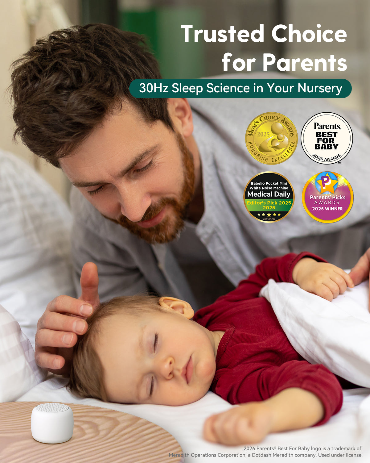 Babelio white noise machine in nursery helping baby sleep, trusted by parents