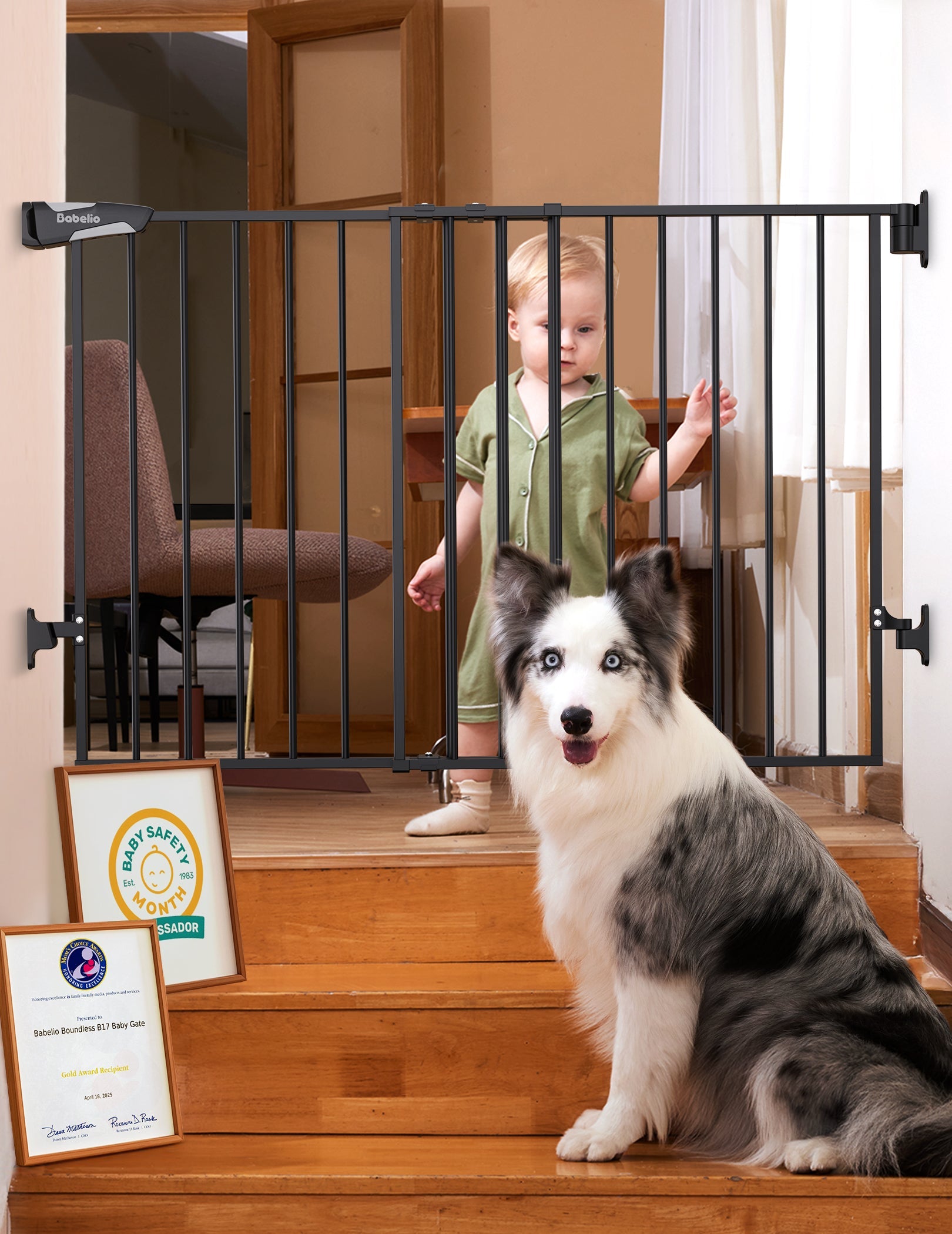 Babelio baby safety gate installed on stairs with toddler and dog in a home setting