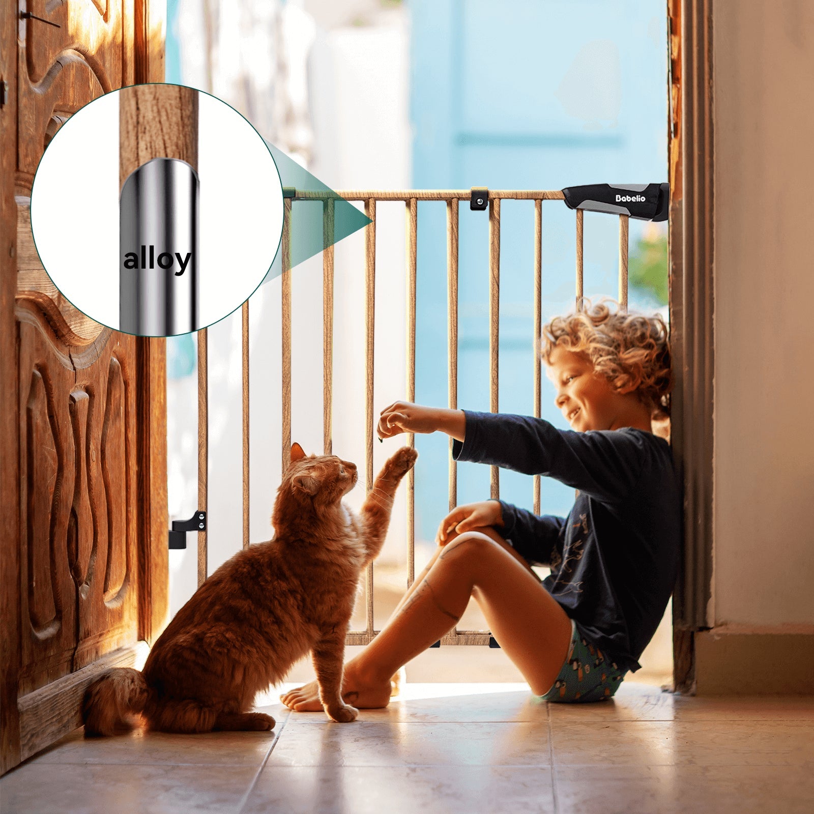 Babelio baby safety gate with wood pattern and metal frame in doorway, child and cat playing